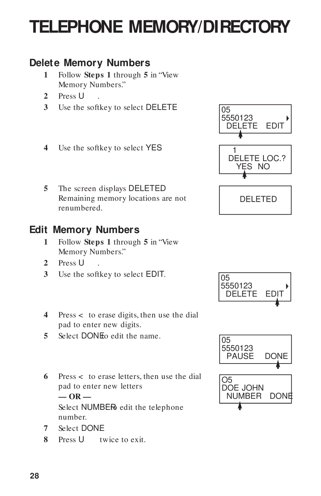 AT&T HS-8270 user manual Delete Memory Numbers, Edit Memory Numbers 