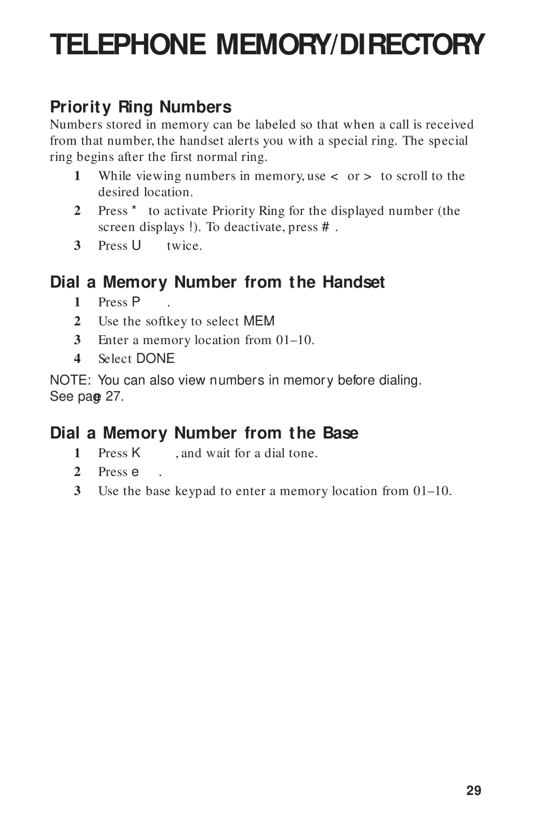 AT&T HS-8270 user manual Priority Ring Numbers, Dial a Memory Number from the Handset, Dial a Memory Number from the Base 