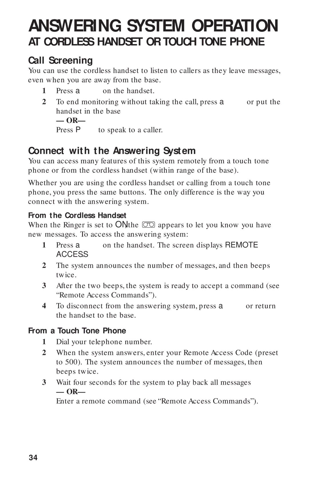 AT&T HS-8270 Call Screening, Connect with the Answering System, From the Cordless Handset, From a Touch Tone Phone 