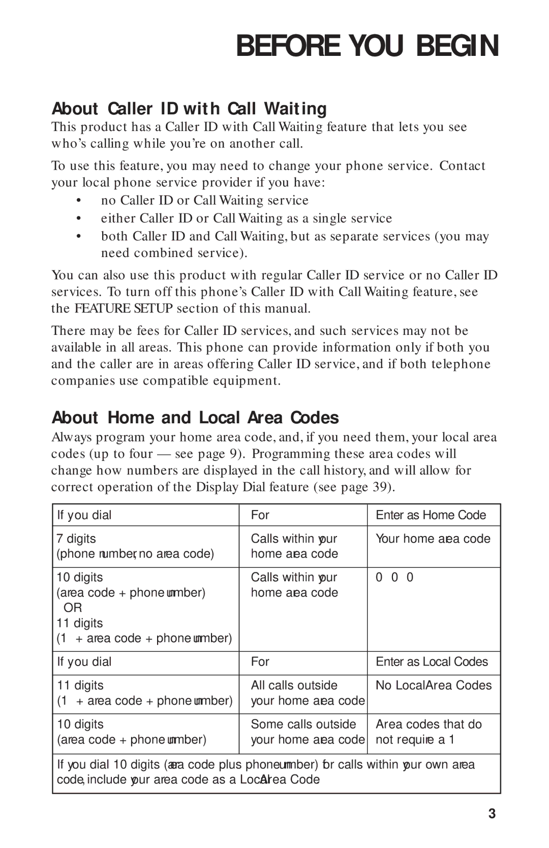 AT&T HS-8270 user manual About Caller ID with Call Waiting, About Home and Local Area Codes 