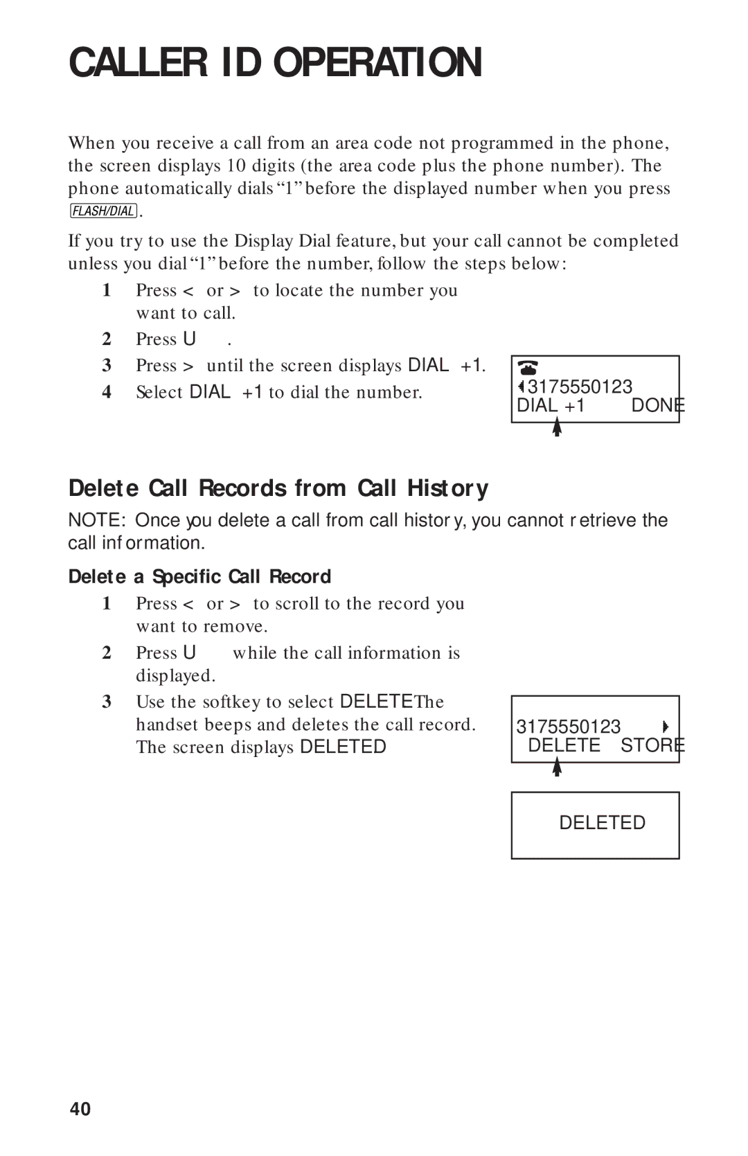 AT&T HS-8270 user manual Caller ID Operation, Delete Call Records from Call History, Delete a Specific Call Record 