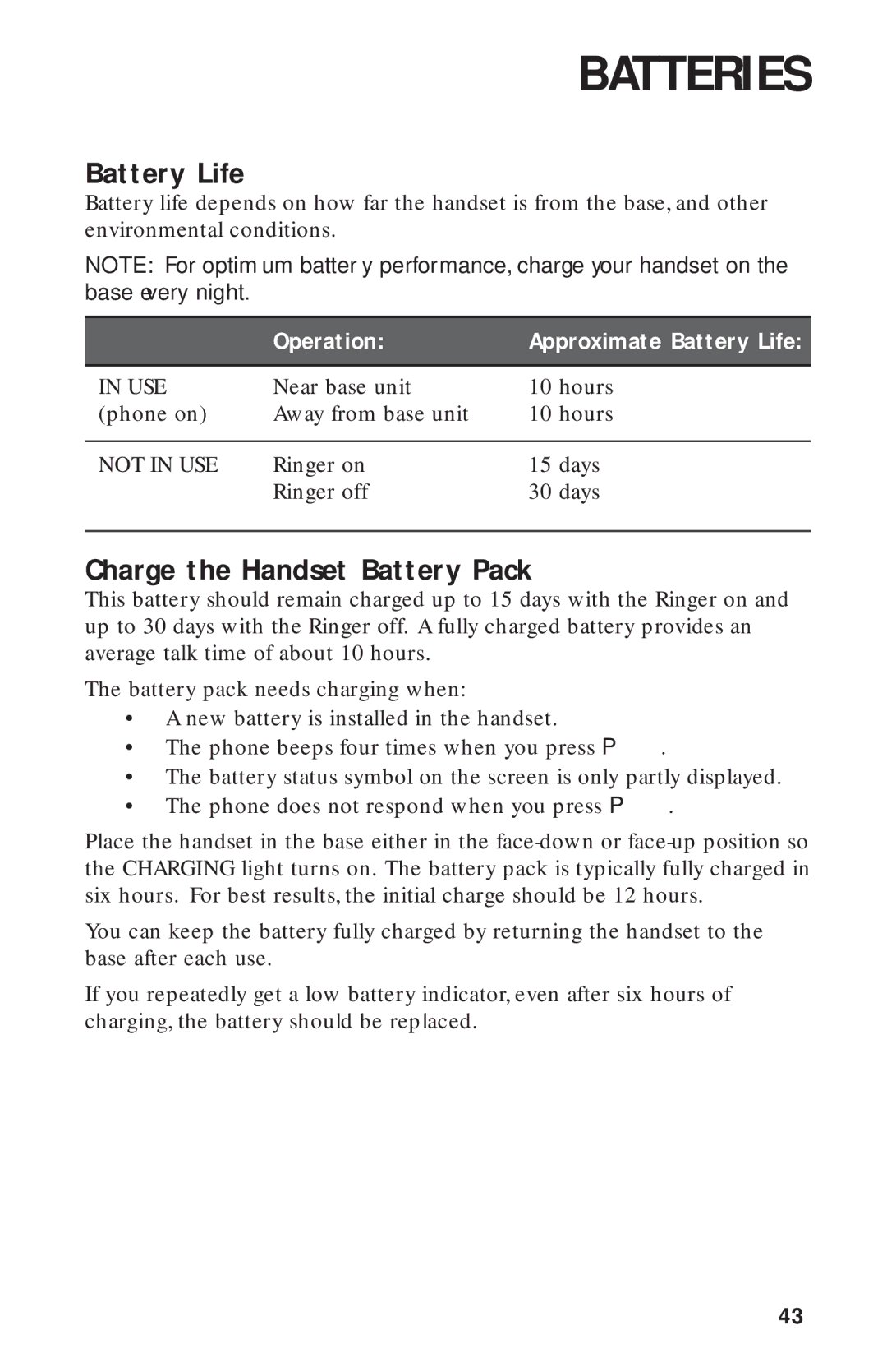 AT&T HS-8270 user manual Batteries, Battery Life, Charge the Handset Battery Pack 