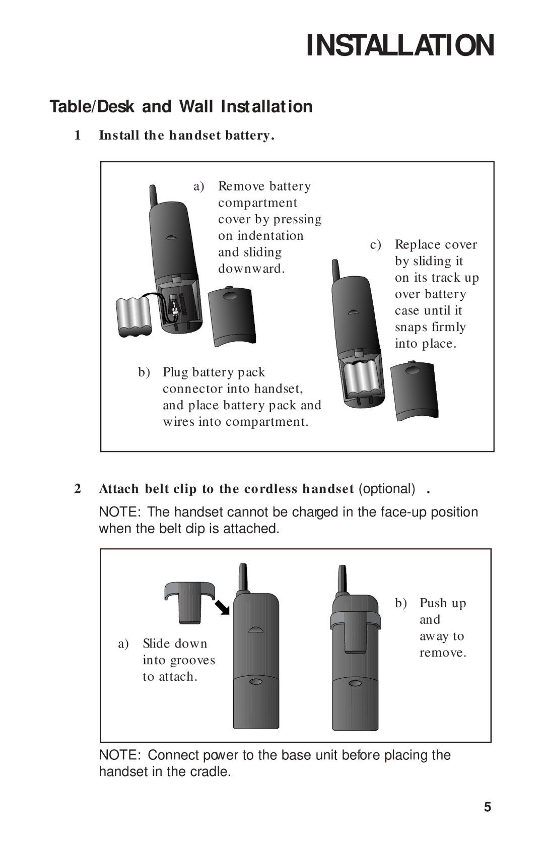 AT&T HS-8270 user manual Table/Desk and Wall Installation, Install the handset battery 