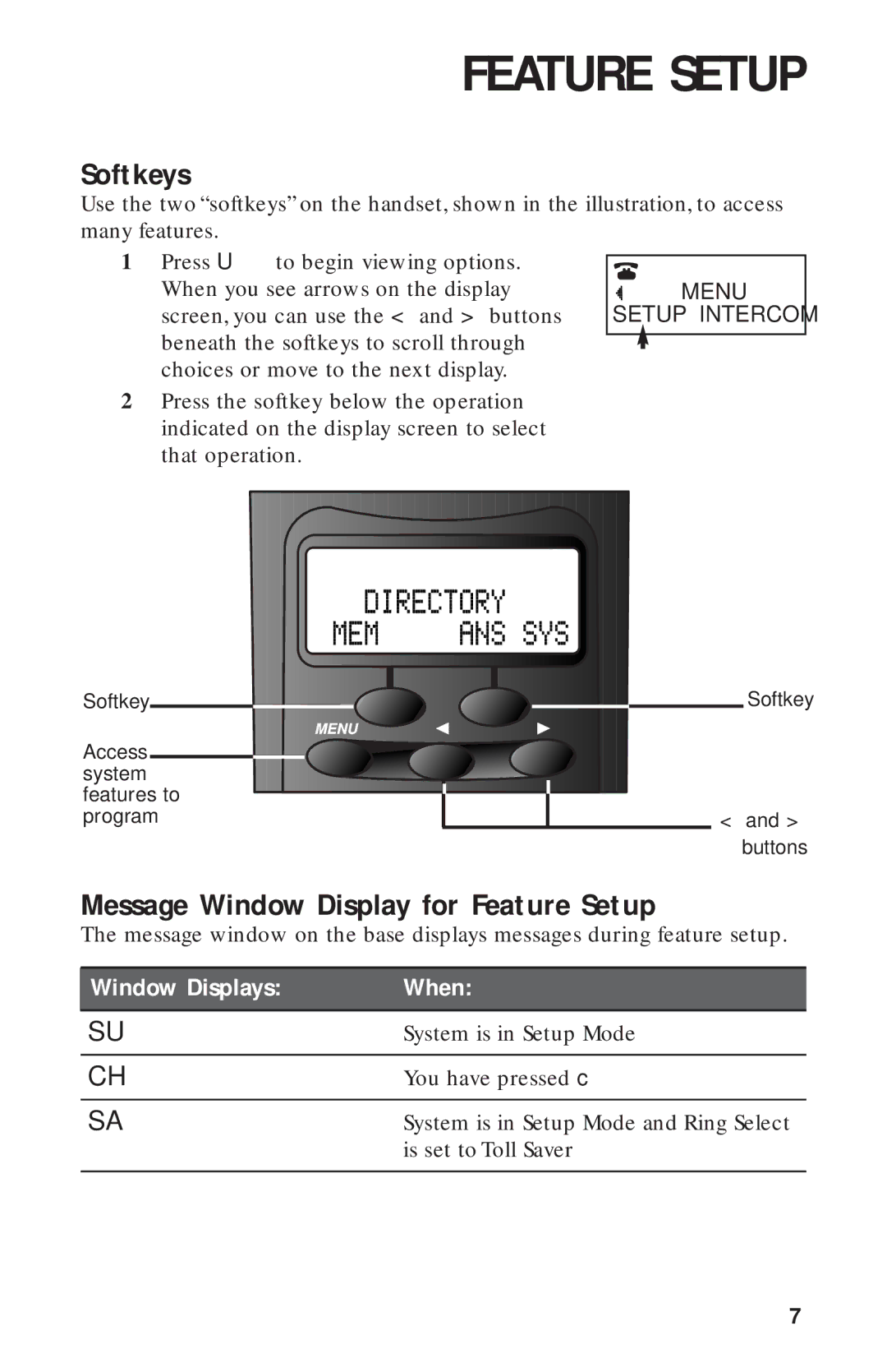 AT&T HS-8270 user manual Softkeys, Message Window Display for Feature Setup 