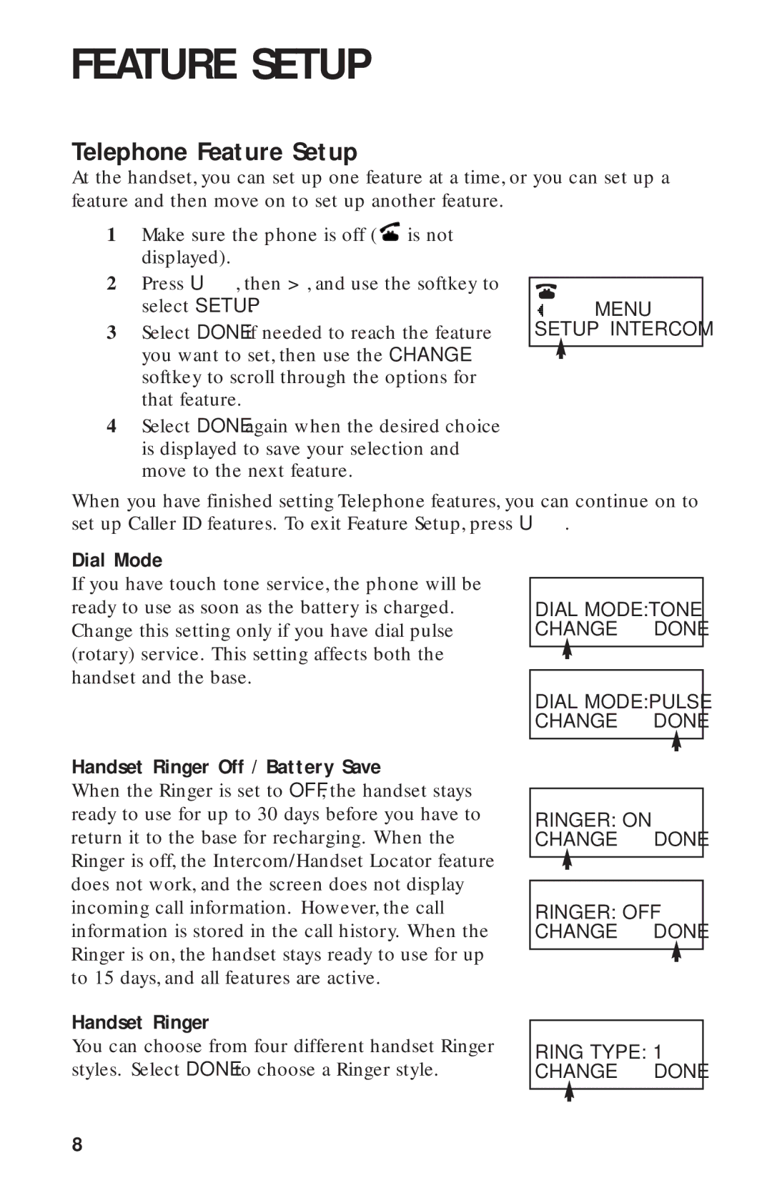 AT&T HS-8270 user manual Telephone Feature Setup, Dial Mode, Handset Ringer Off / Battery Save 