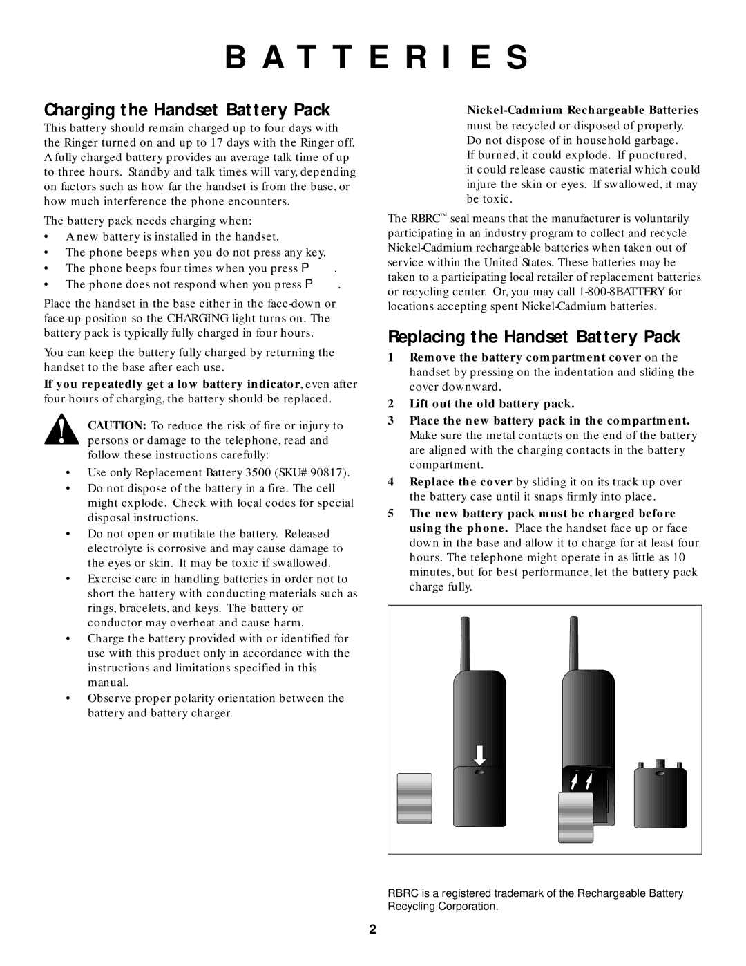 AT&T HS-8500 user manual T T E R I E S, Charging the Handset Battery Pack, Replacing the Handset Battery Pack 