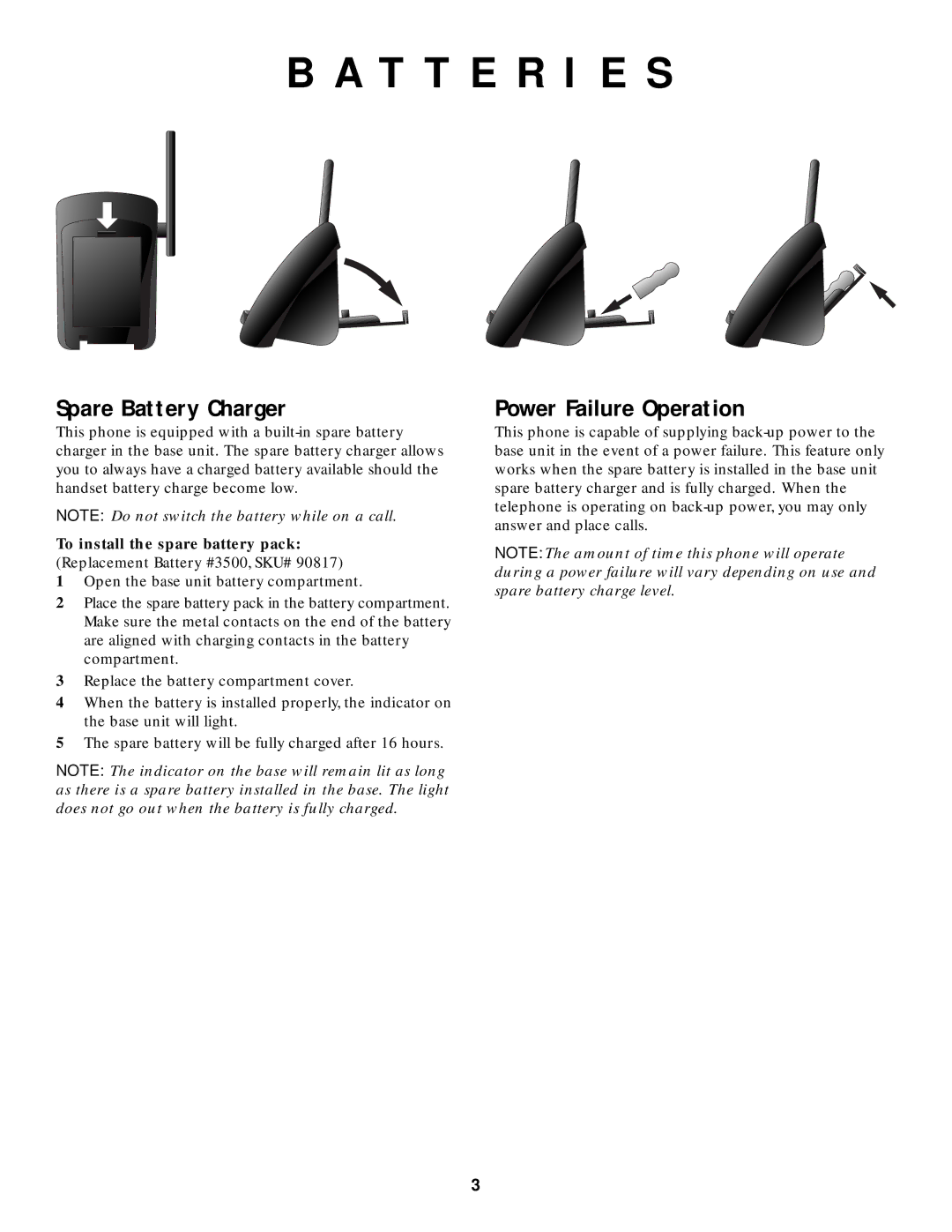 AT&T HS-8500 user manual Spare Battery Charger, Power Failure Operation, To install the spare battery pack 