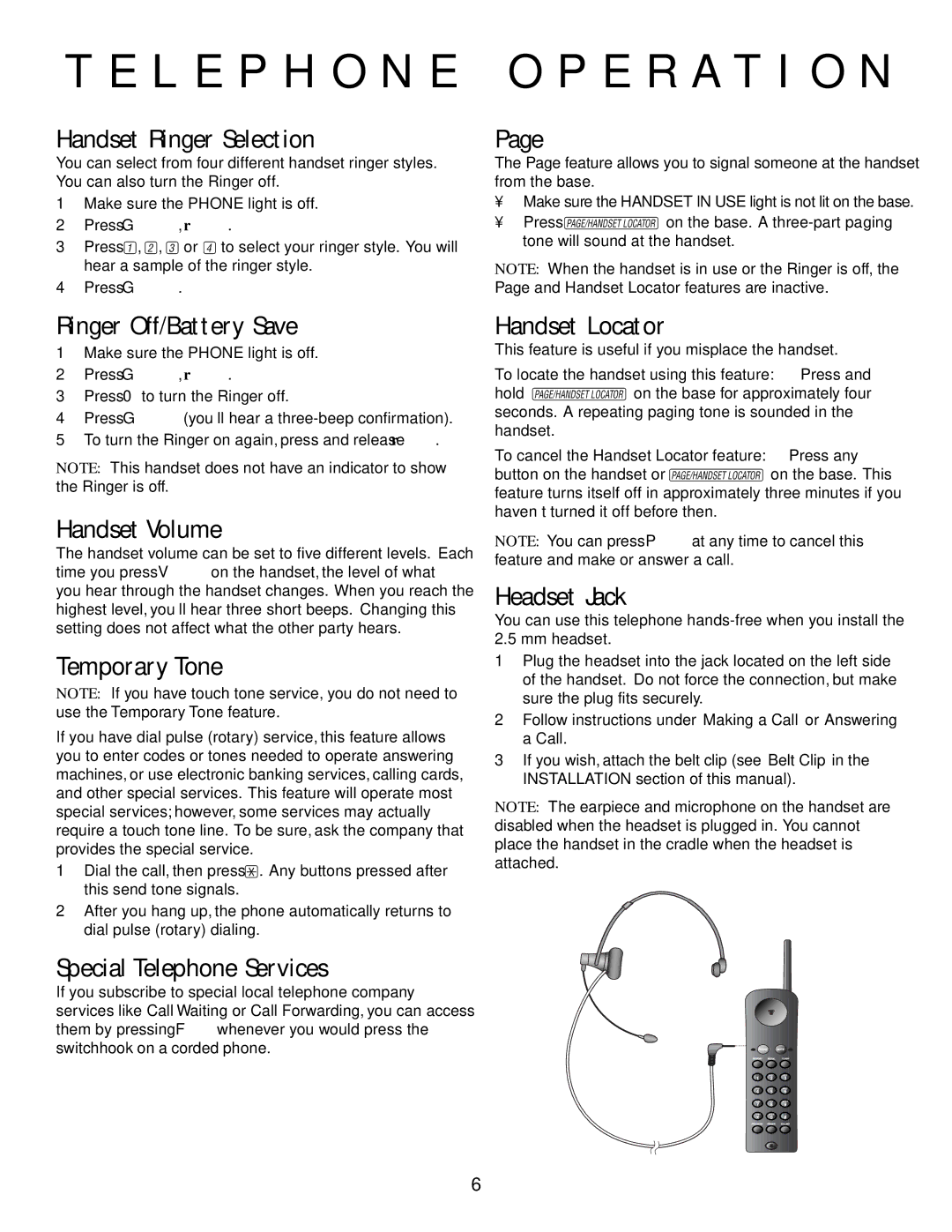 AT&T HS-8500 Handset Ringer Selection, Ringer Off/Battery Save, Handset Volume, Temporary Tone, Special Telephone Services 