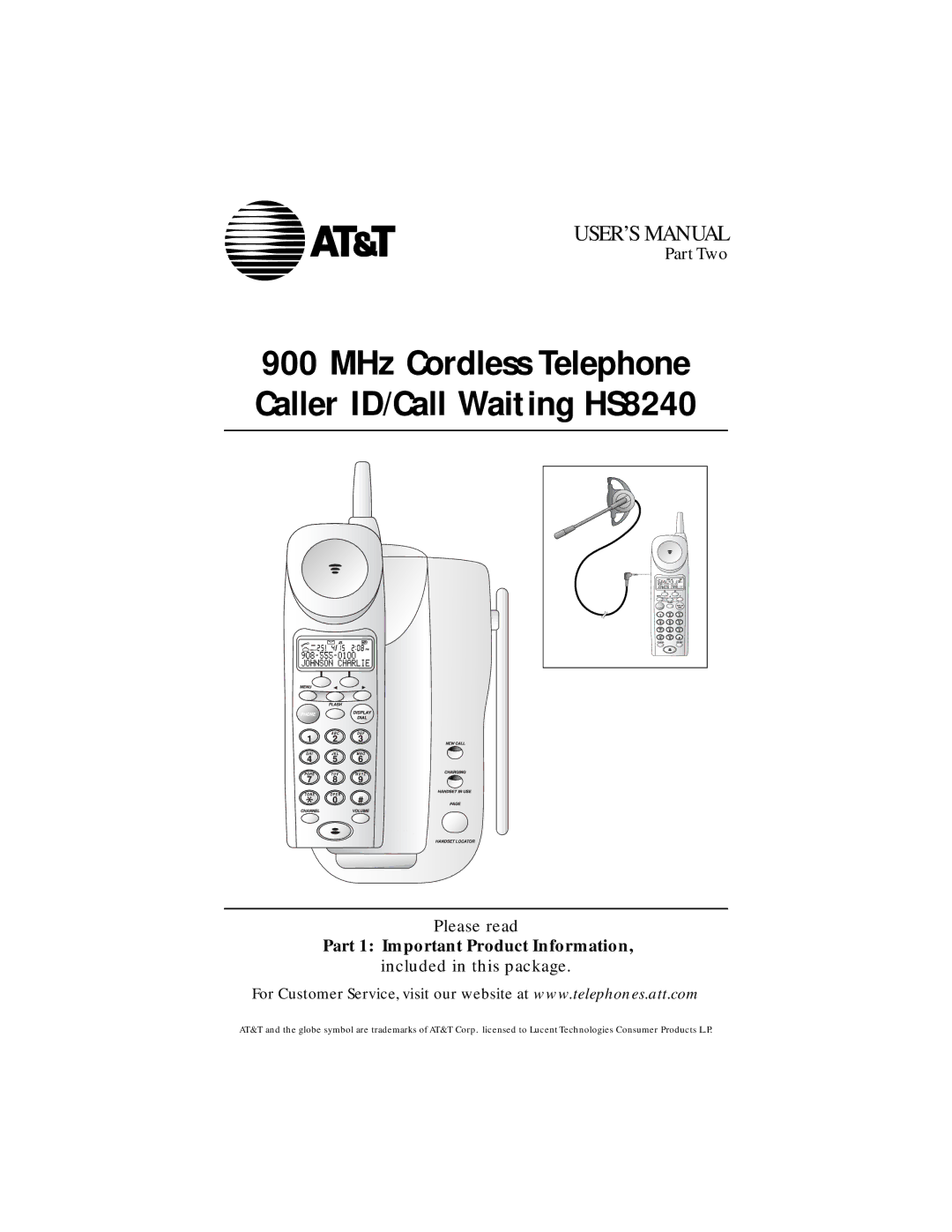 AT&T user manual MHz Cordless Telephone Caller ID/Call Waiting HS8240 