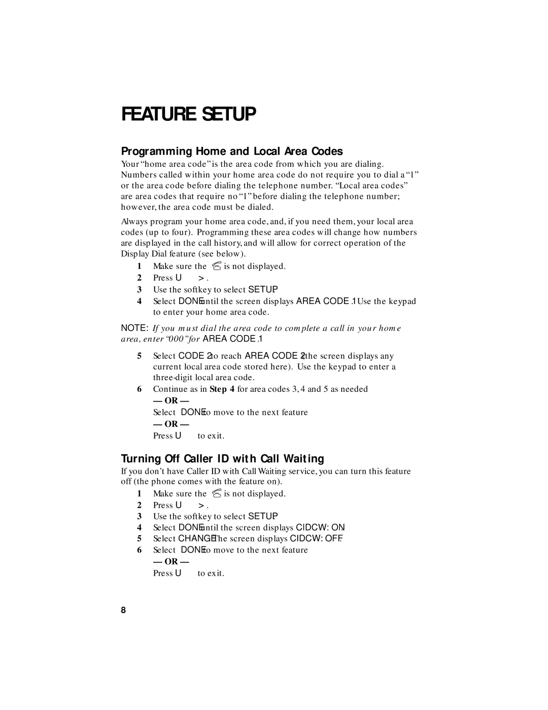 AT&T HS8240 user manual Programming Home and Local Area Codes, Turning Off Caller ID with Call Waiting 