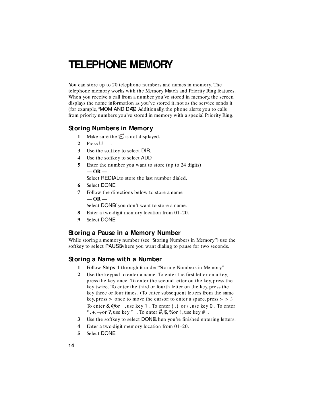 AT&T HS8240 Telephone Memory, Storing Numbers in Memory, Storing a Pause in a Memory Number, Storing a Name with a Number 