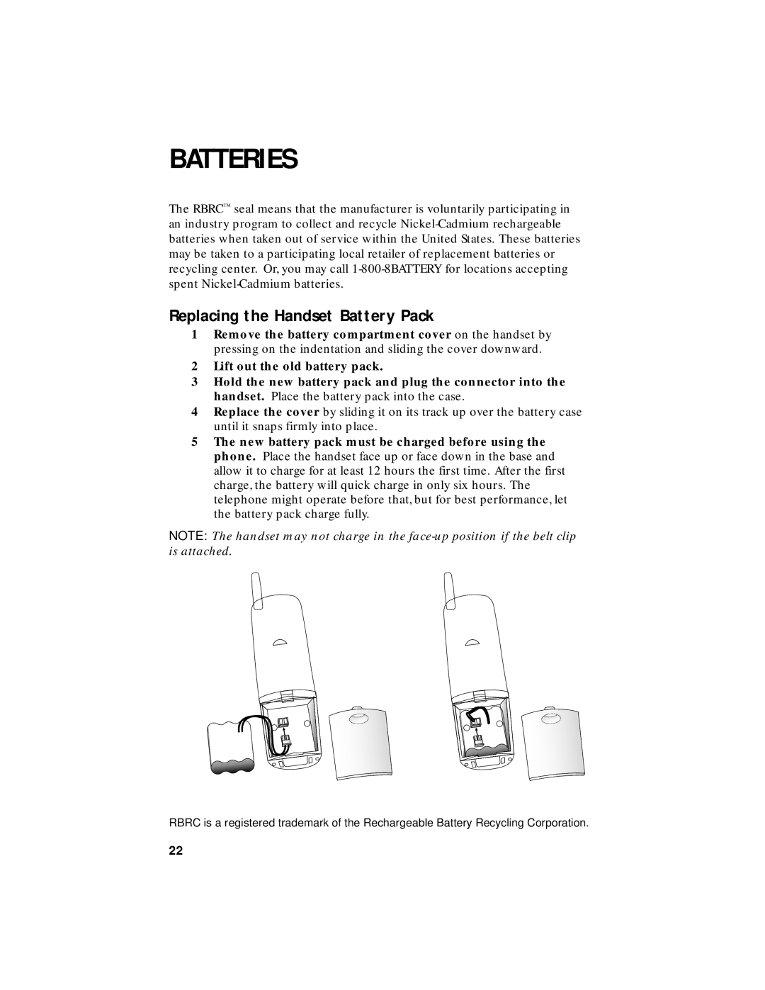 AT&T HS8240 user manual Replacing the Handset Battery Pack 