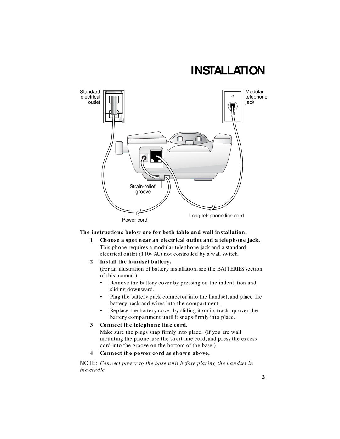 AT&T HS8240 user manual Installation, Connect the telephone line cord 