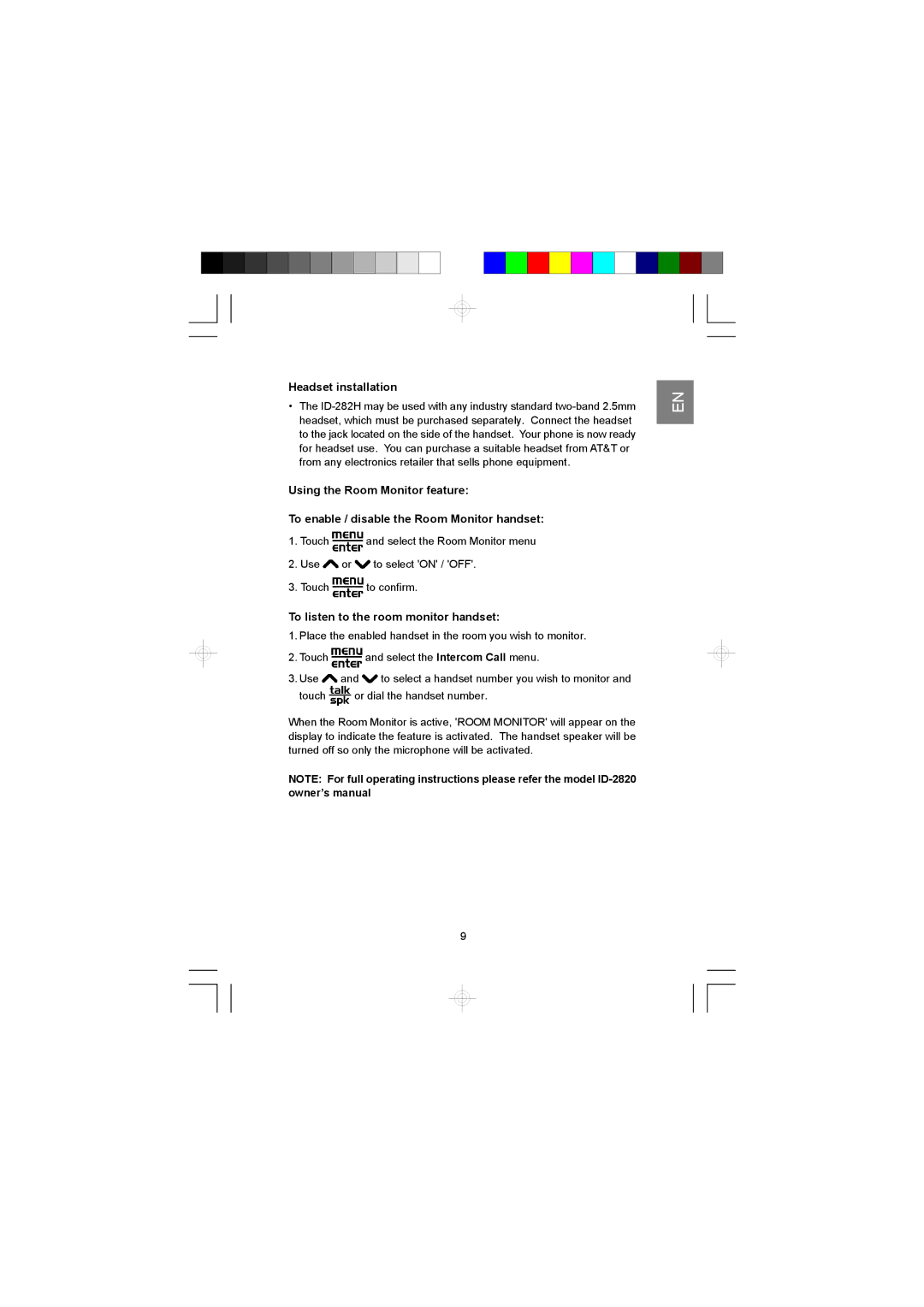 AT&T ID-282H manual Headset installation, To listen to the room monitor handset 