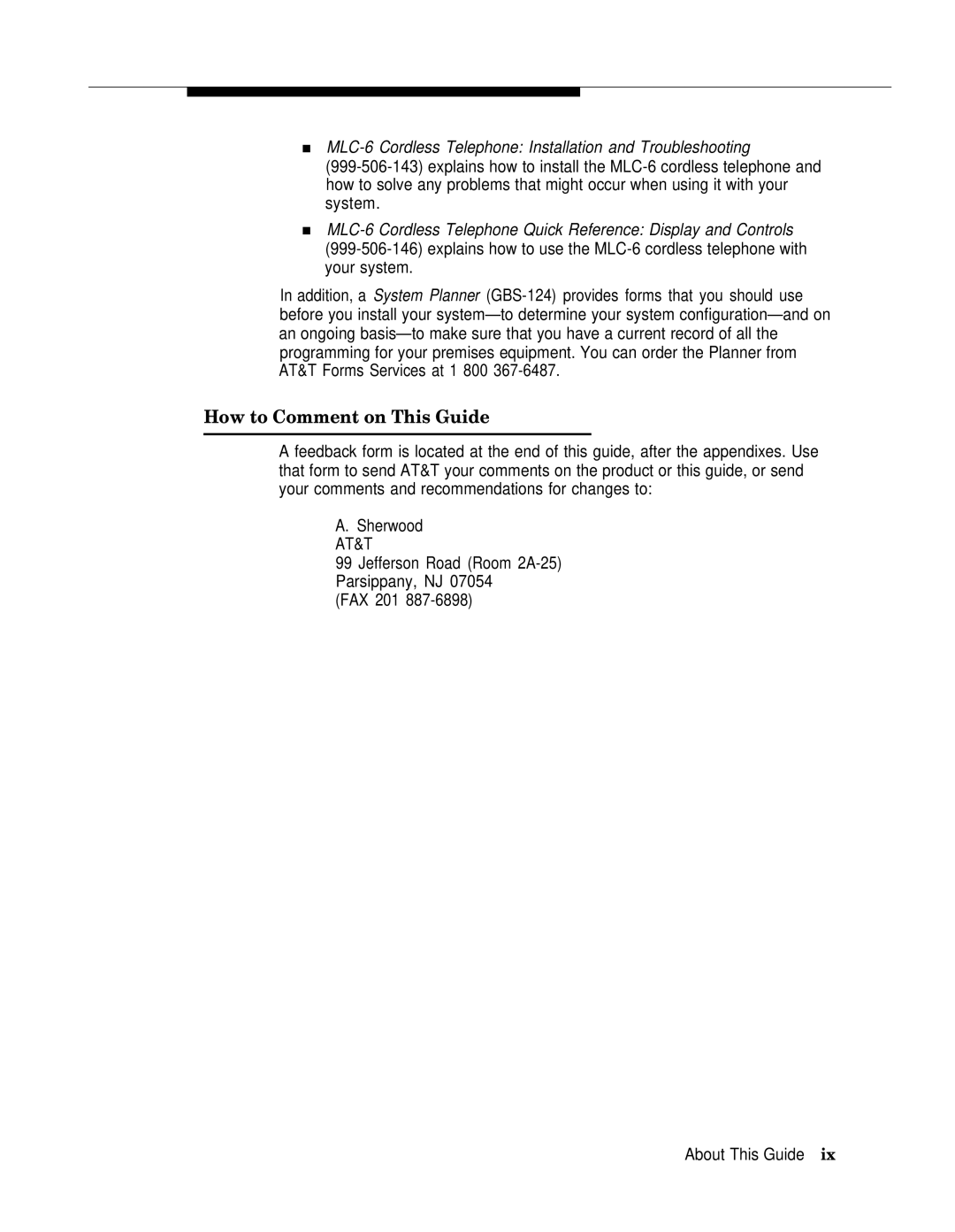 AT&T II manual How to Comment on This Guide, MLC-6 Cordless Telephone Installation and Troubleshooting 