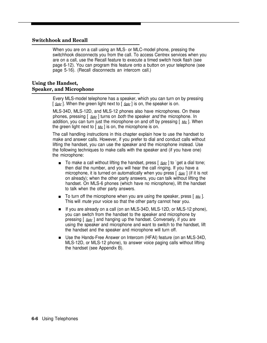 AT&T II manual Switchhook and Recall, Using the Handset Speaker, and Microphone 