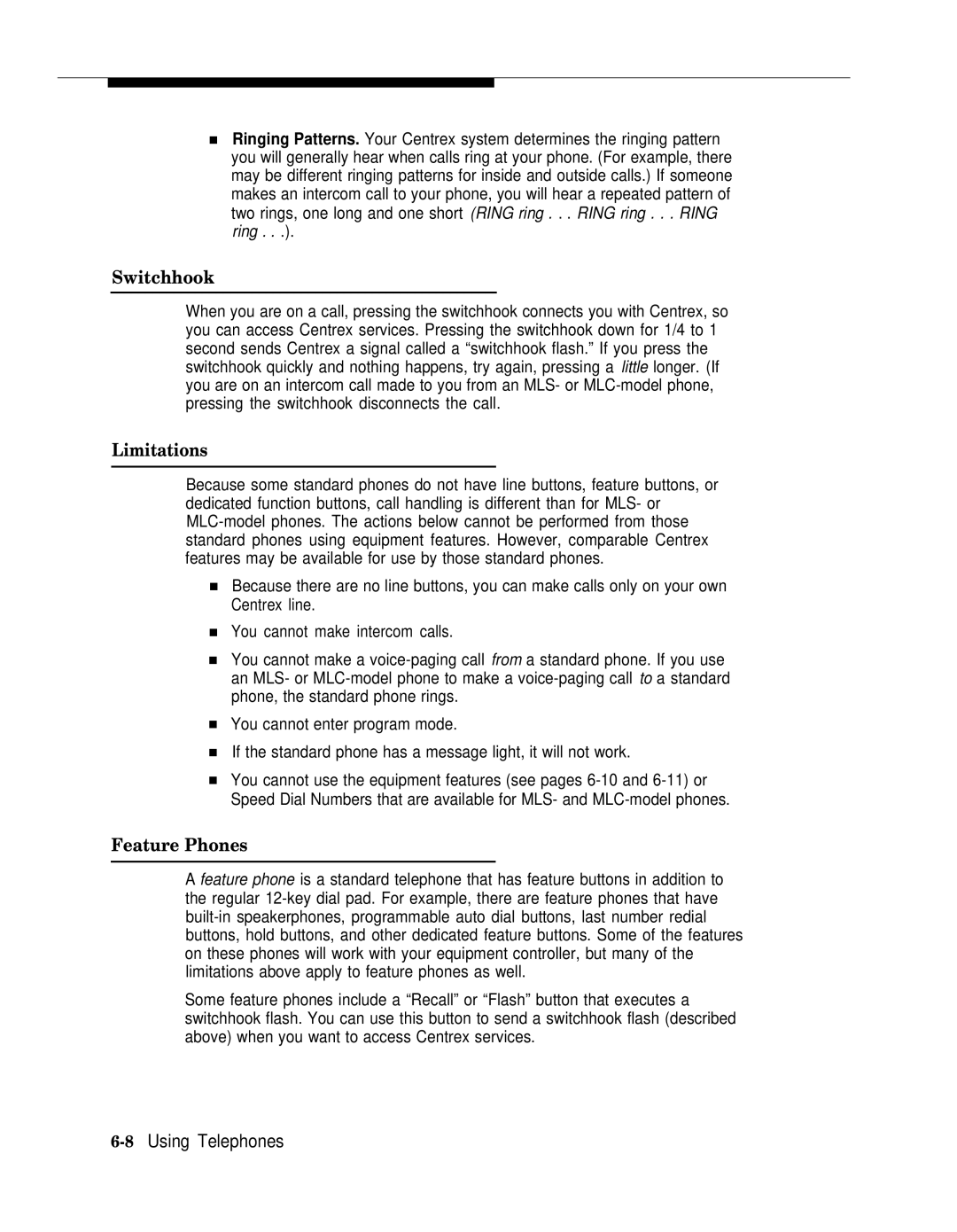 AT&T II manual Switchhook, Limitations, Feature Phones 