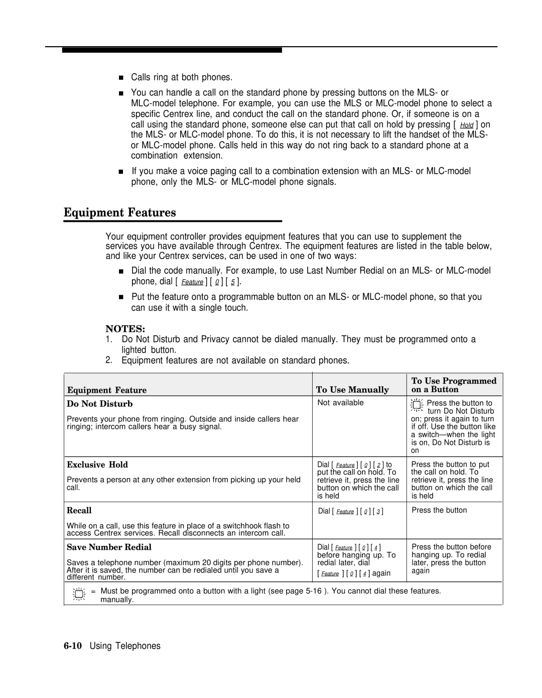 AT&T II manual Equipment Features, 10Using Telephones 