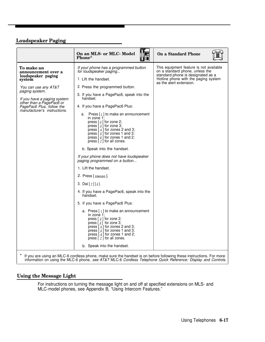 AT&T II manual Loudspeaker Paging, Using the Message Light, For loudspeaker paging On a standard phone, unless 