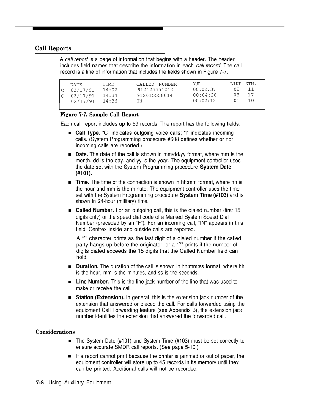 AT&T II manual Call Reports, Considerations, 8Using Auxiliary Equipment 