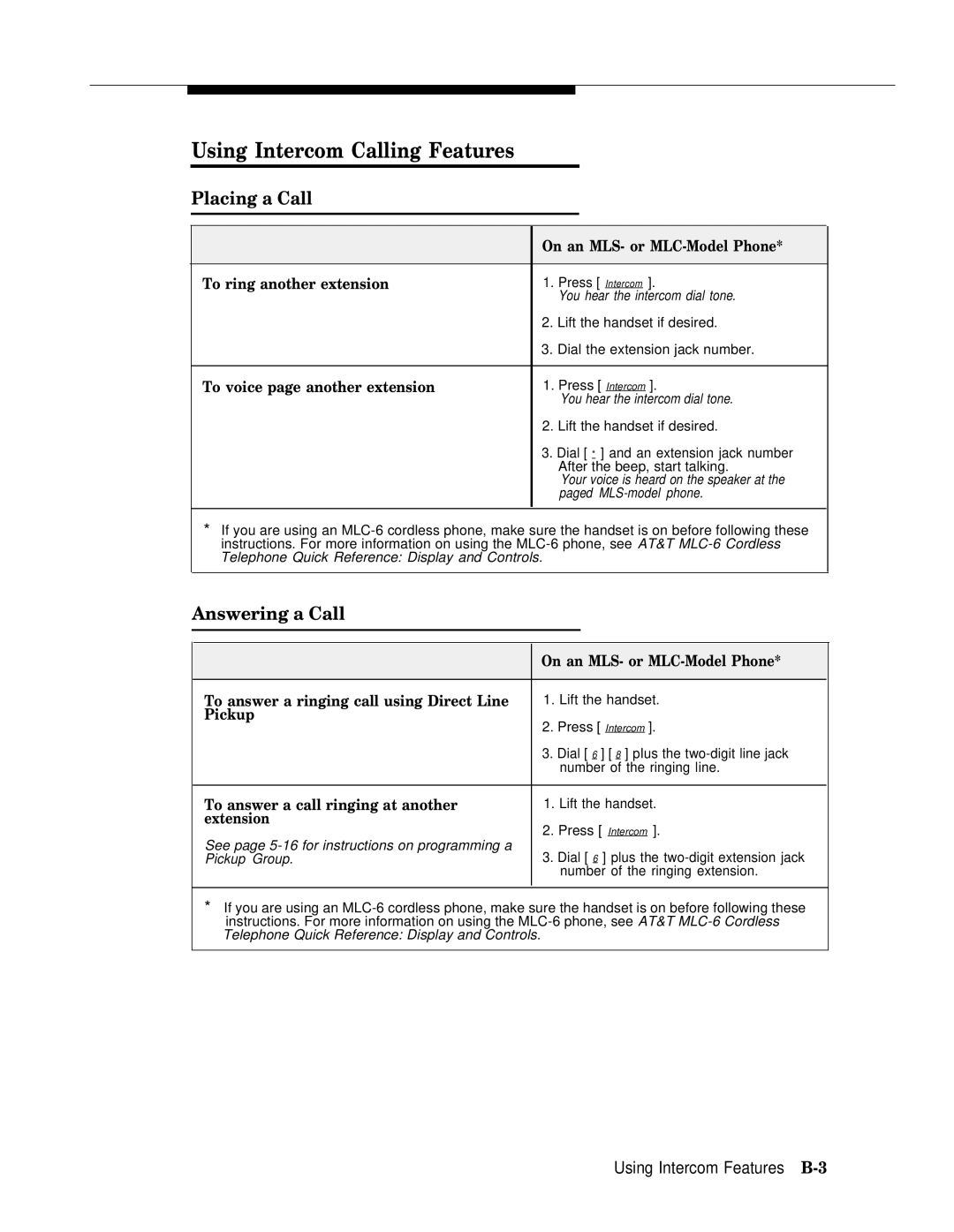 AT&T II manual Using Intercom Calling Features, Using Intercom Features B-3 