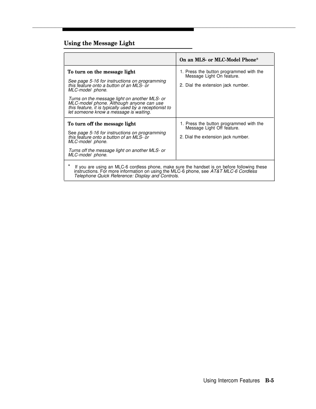 AT&T II manual Using Intercom Features B-5, On an MLS- or MLC-Model Phone To turn on the message light 