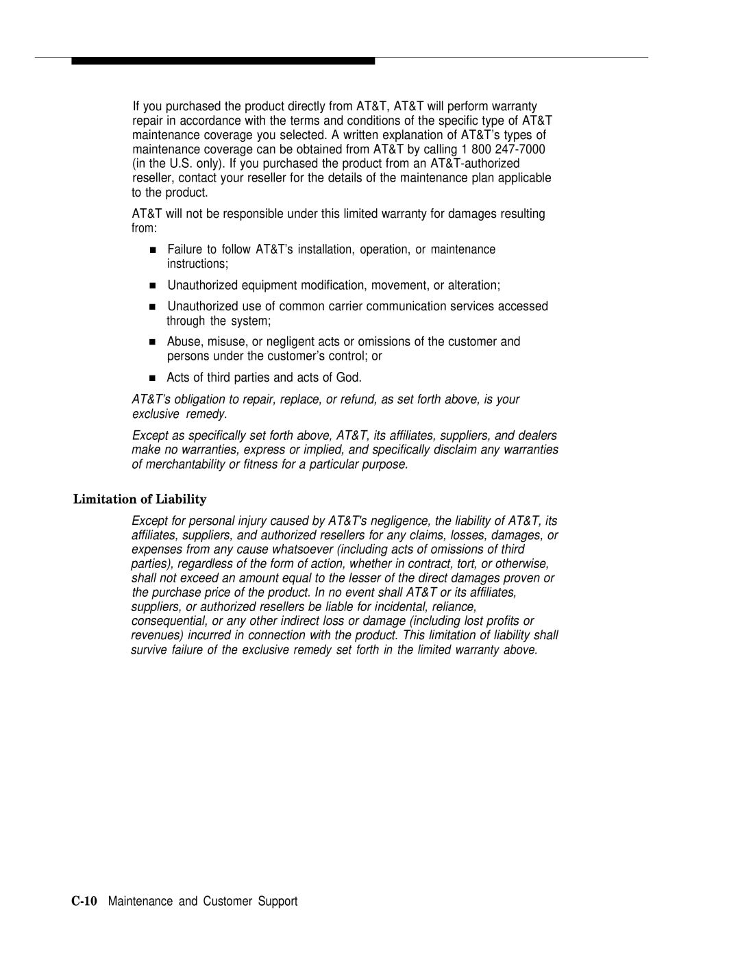 AT&T II manual Limitation of Liability, 10Maintenance and Customer Support 