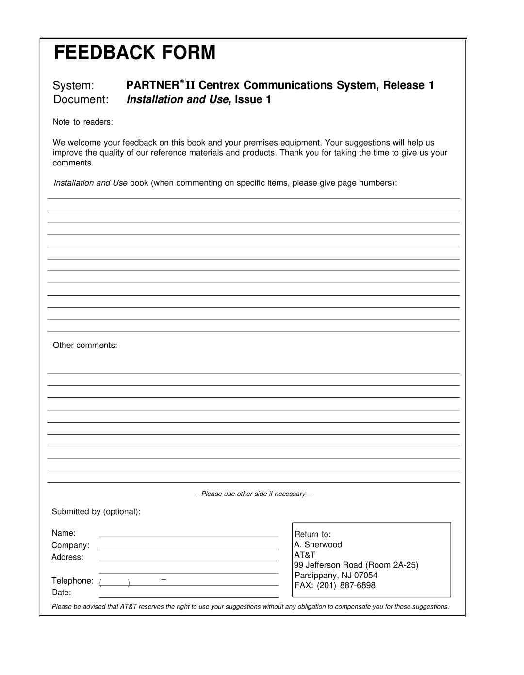 AT&T II manual Feedback Form 