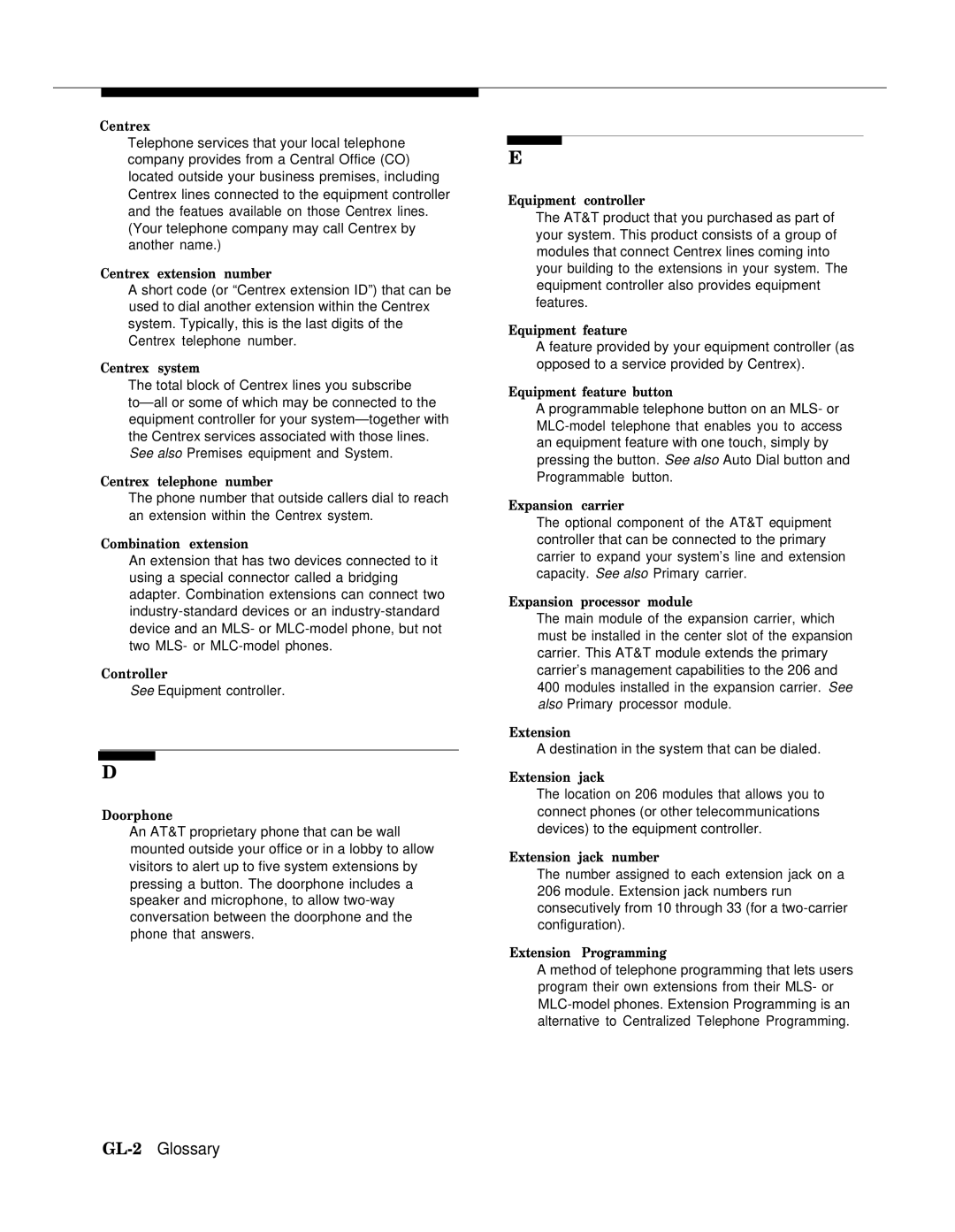 AT&T II manual GL-2Glossary, Centrex 