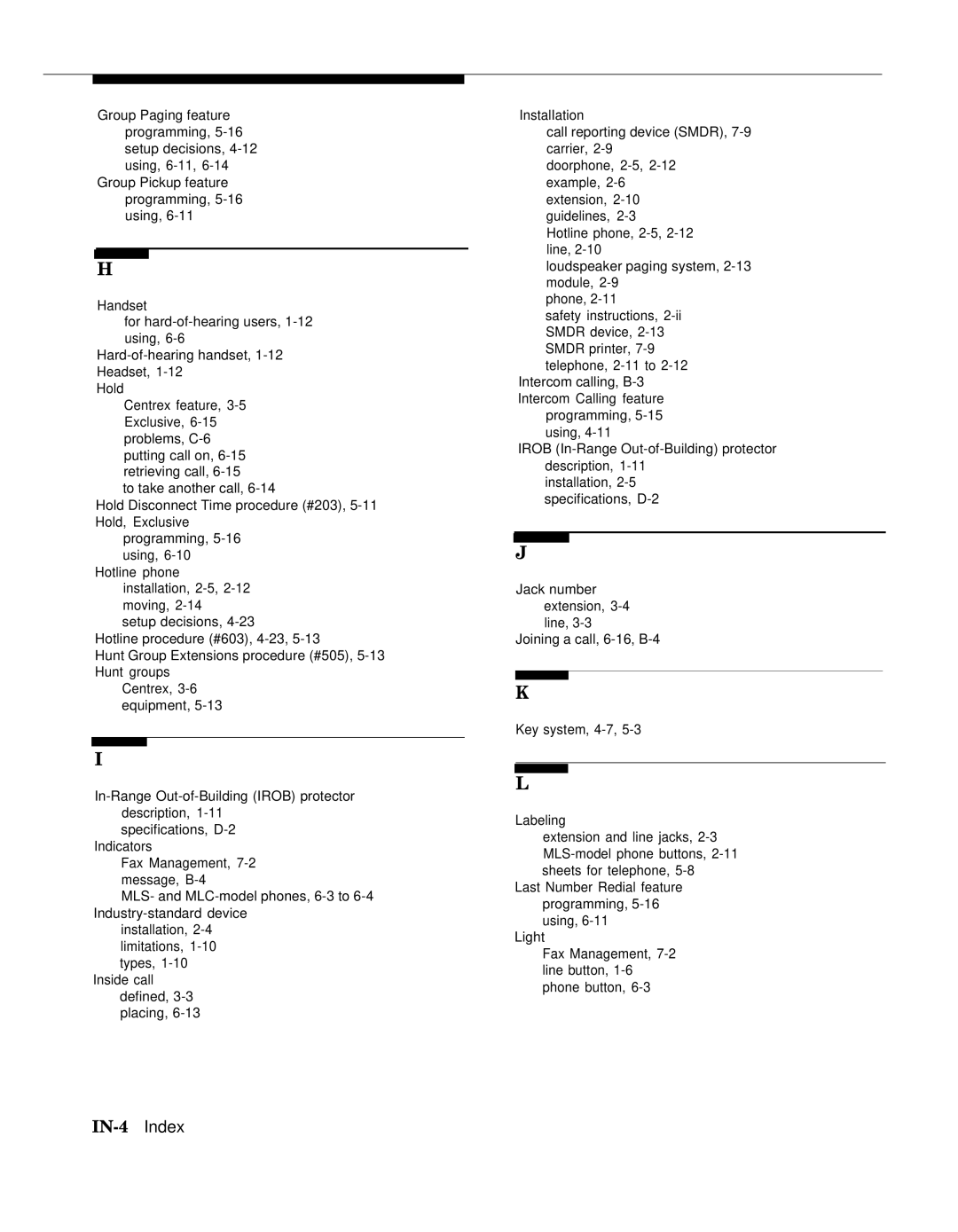 AT&T II manual IN-4 Index 