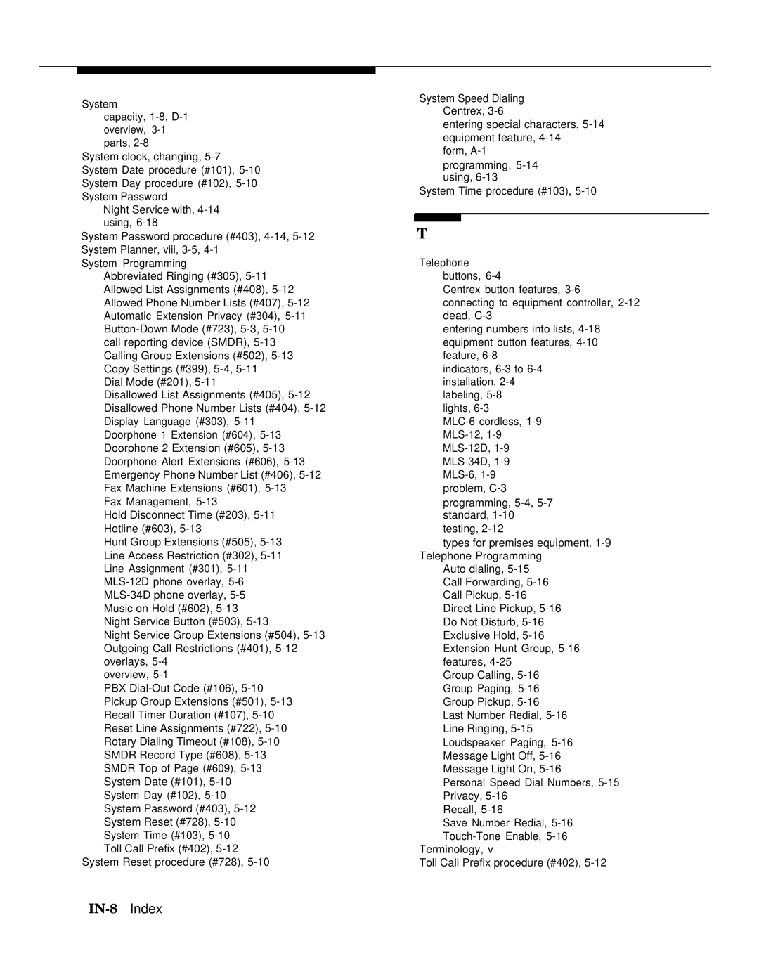 AT&T II manual IN-8 Index 