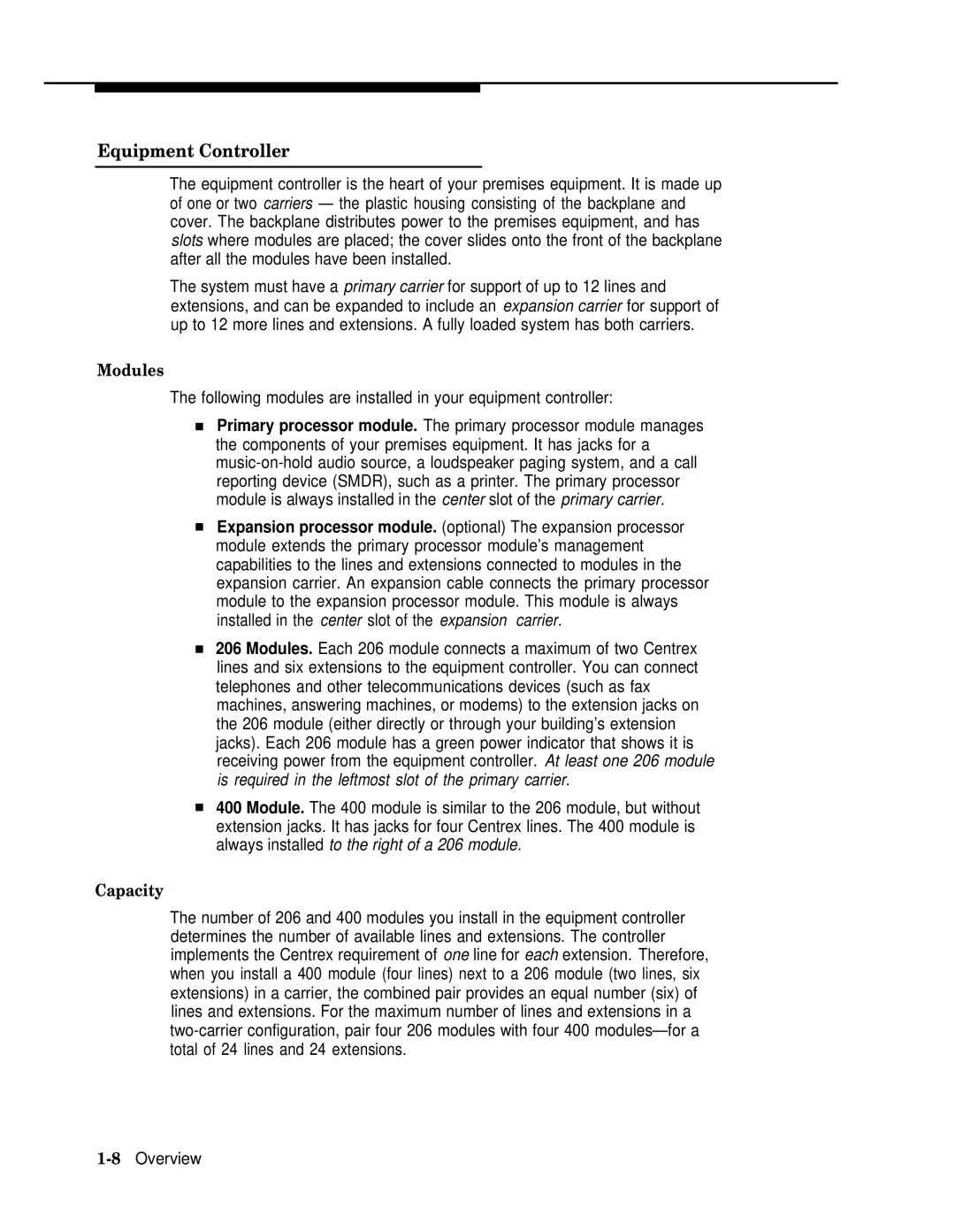 AT&T II manual Equipment Controller, Modules, Capacity, 8Overview 