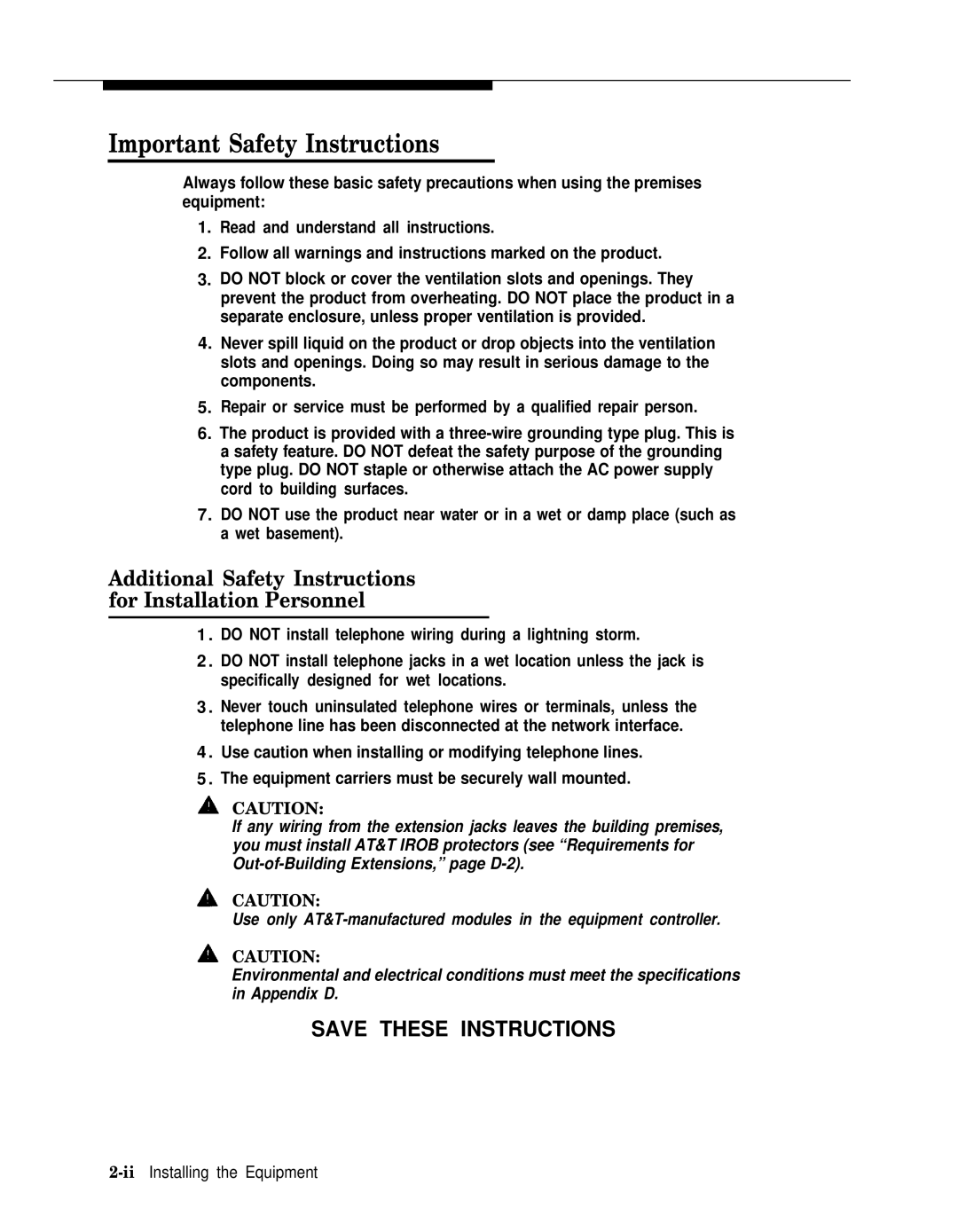 AT&T II manual Additional Safety Instructions For Installation Personnel, IiInstalling the Equipment 