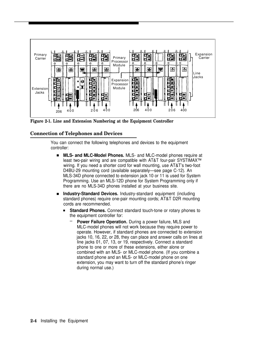 AT&T II manual Connection of Telephones and Devices, Line and Extension Numbering at the Equipment Controller 