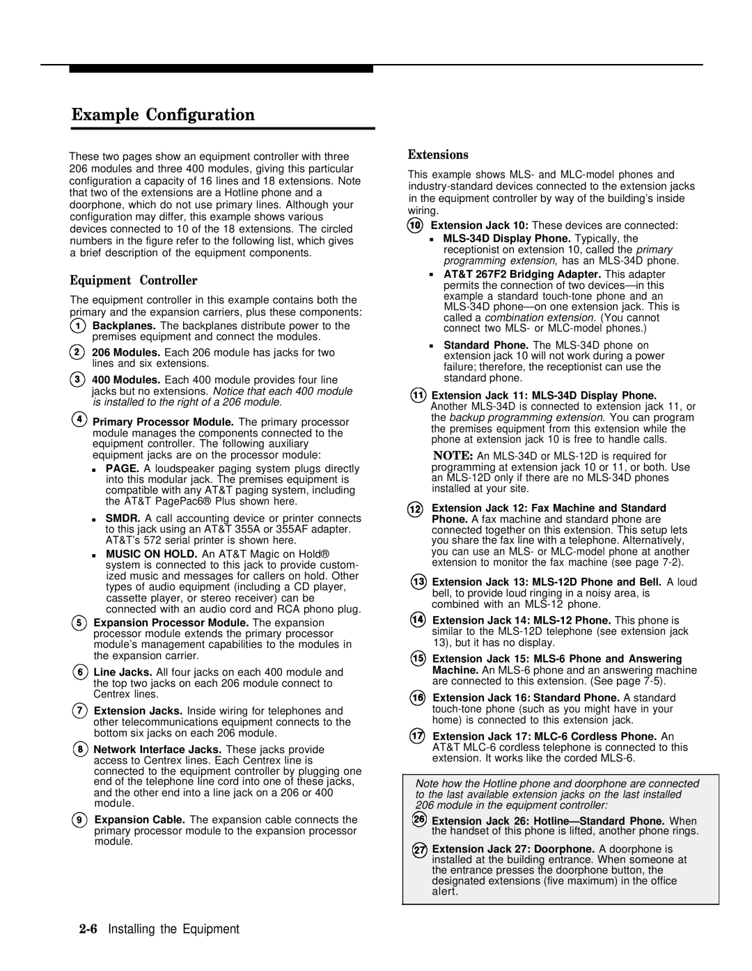 AT&T II manual Example Configuration, Equipment Controller, Extensions, 6Installing the Equipment 