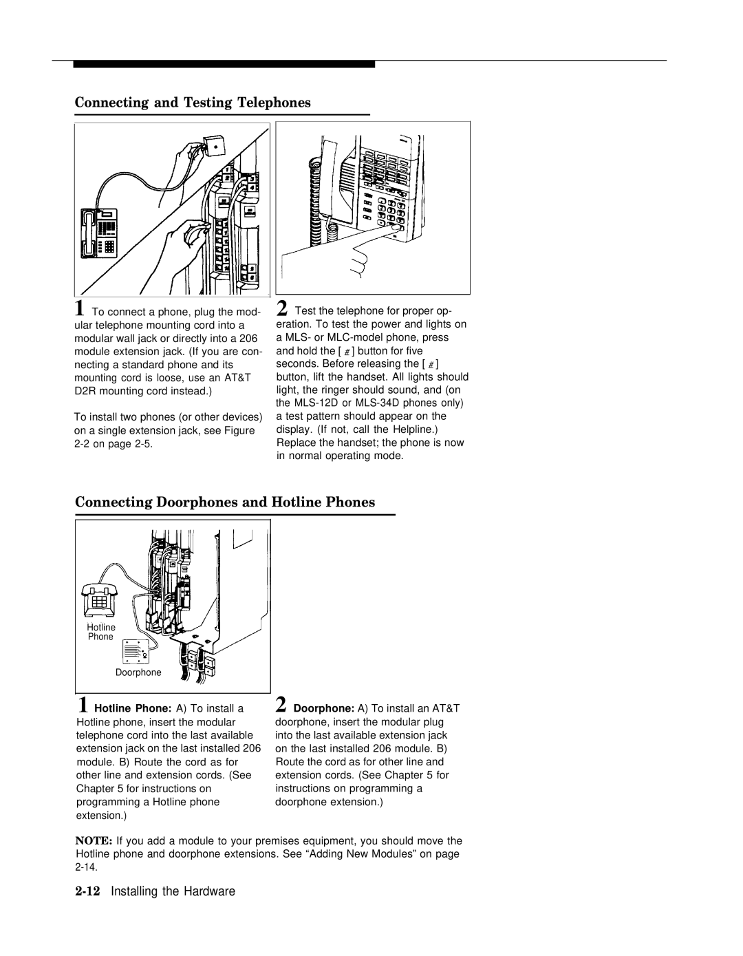 AT&T II manual Connecting and Testing Telephones, Connecting Doorphones and Hotline Phones, 12Installing the Hardware 