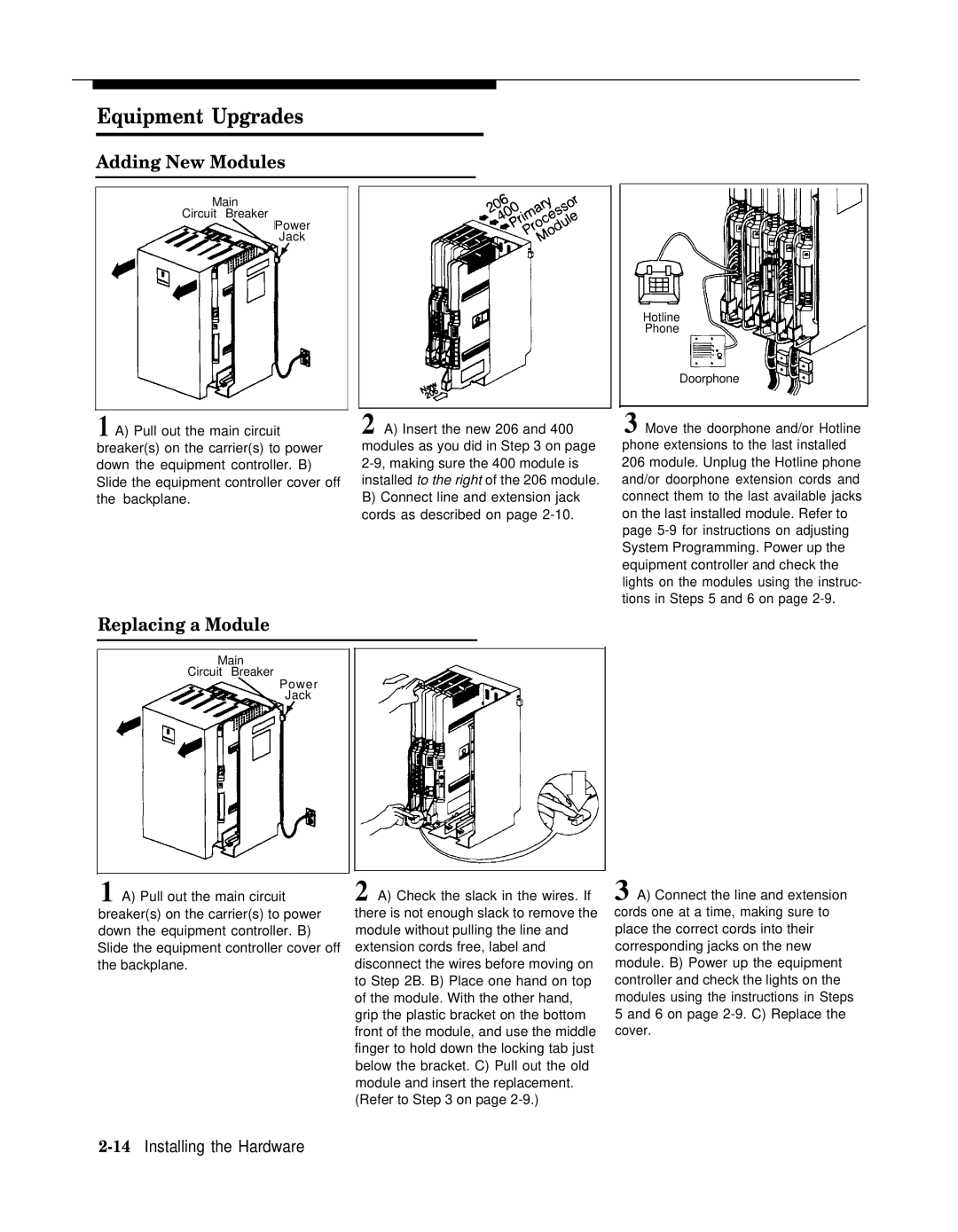 AT&T II manual Equipment Upgrades, Adding New Modules, Replacing a Module, 14Installing the Hardware 