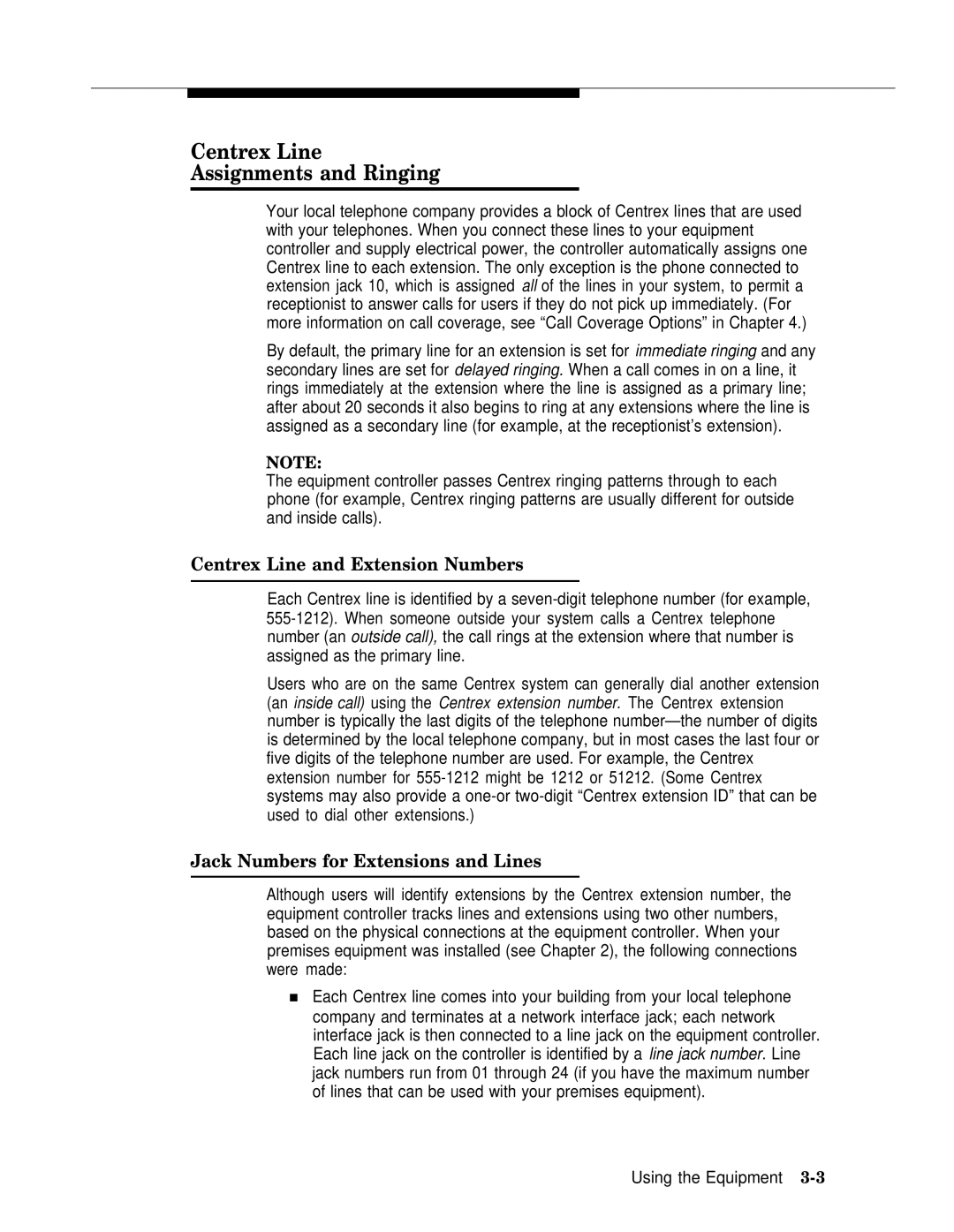 AT&T II Centrex Line Assignments and Ringing, Centrex Line and Extension Numbers, Jack Numbers for Extensions and Lines 