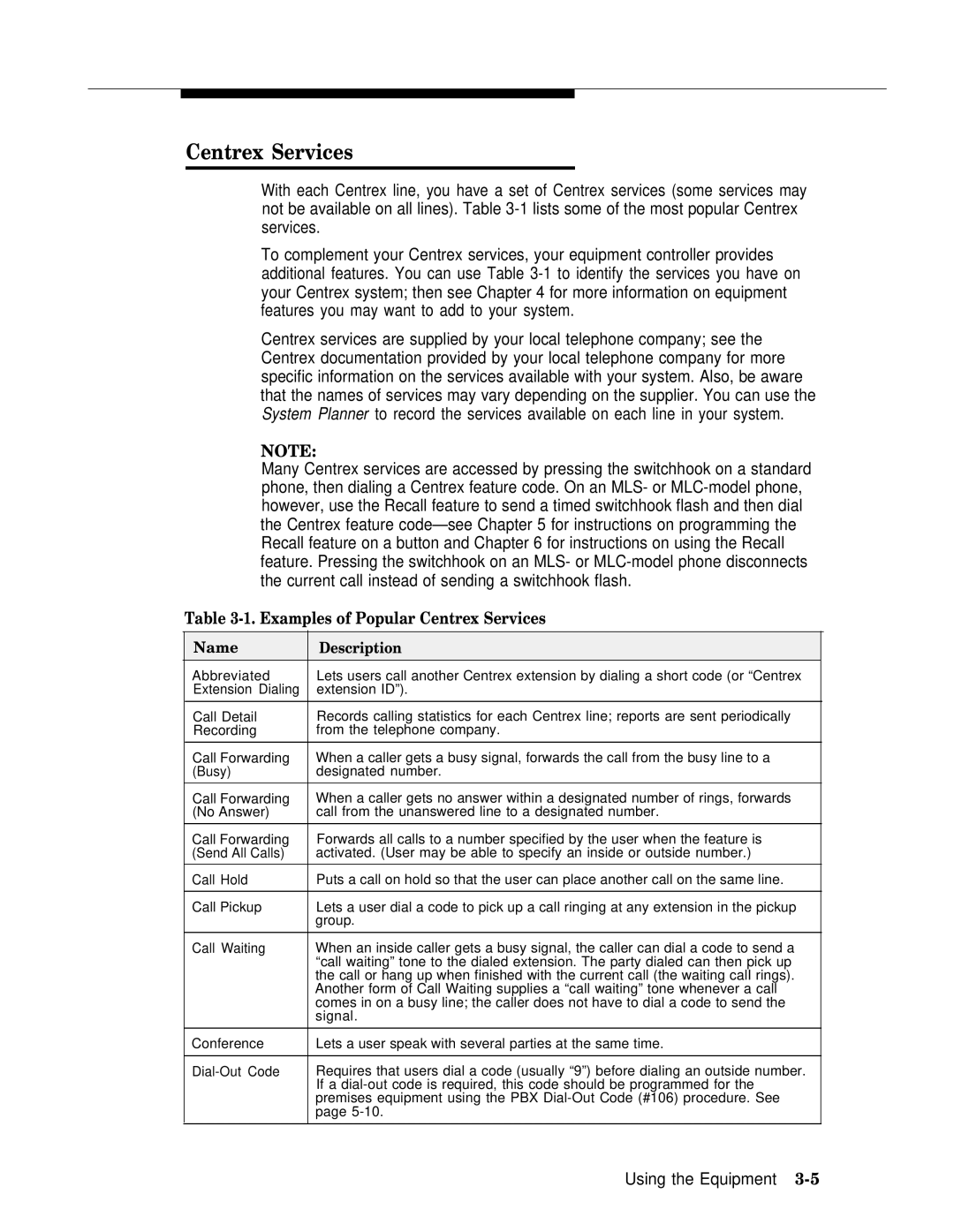 AT&T II manual Examples of Popular Centrex Services, Name Description 