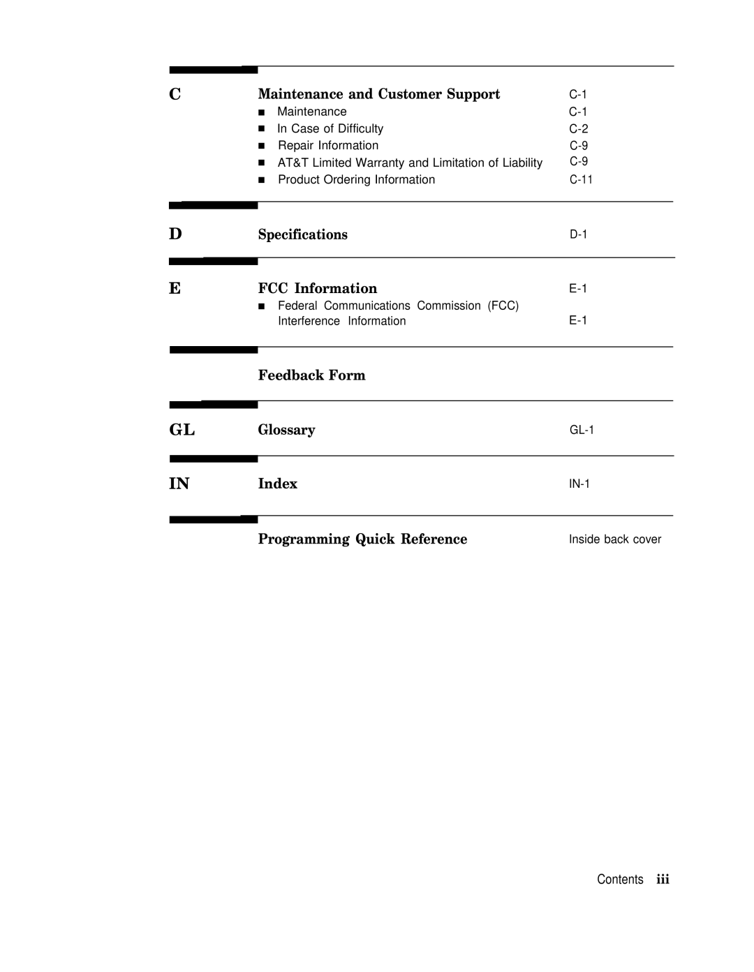 AT&T II manual Maintenance and Customer Support, Specifications FCC Information, Feedback Form Glossary, Index 