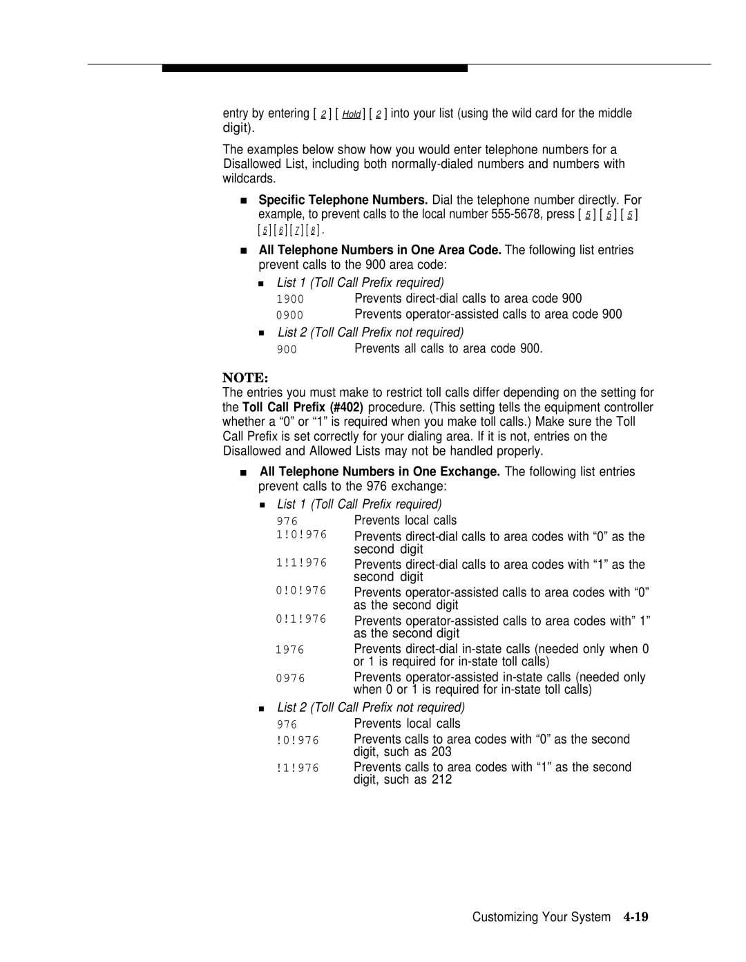 AT&T II manual Prevents direct-dial calls to area code, Prevents all calls to area code, Prevents local calls, Second digit 