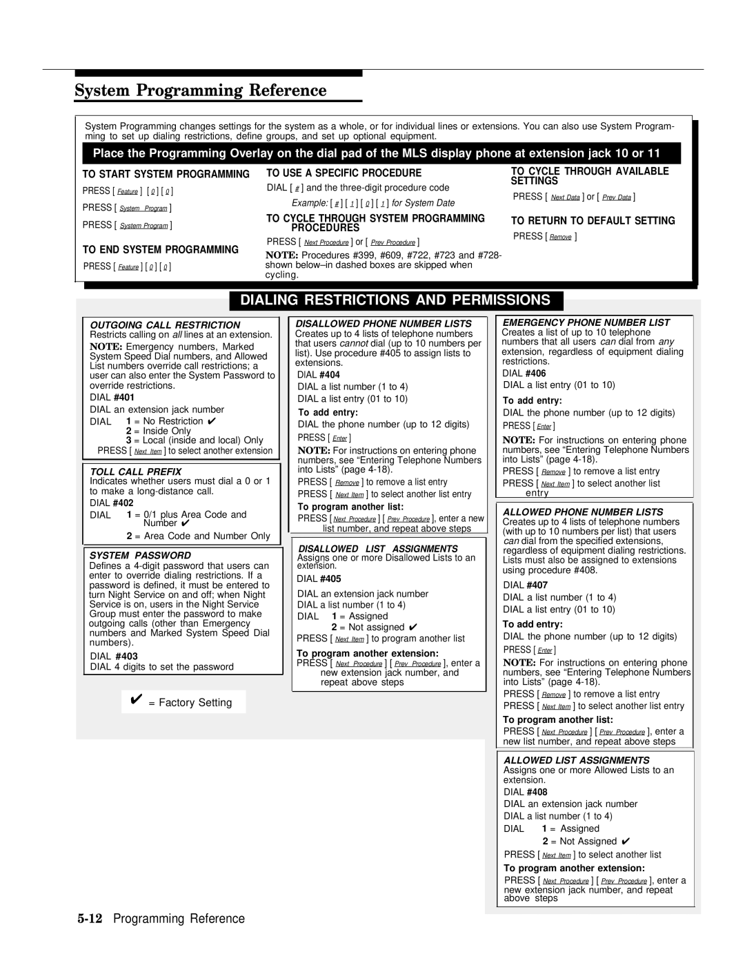 AT&T II manual Dialing Restrictions and Permissions, 12Programming Reference 