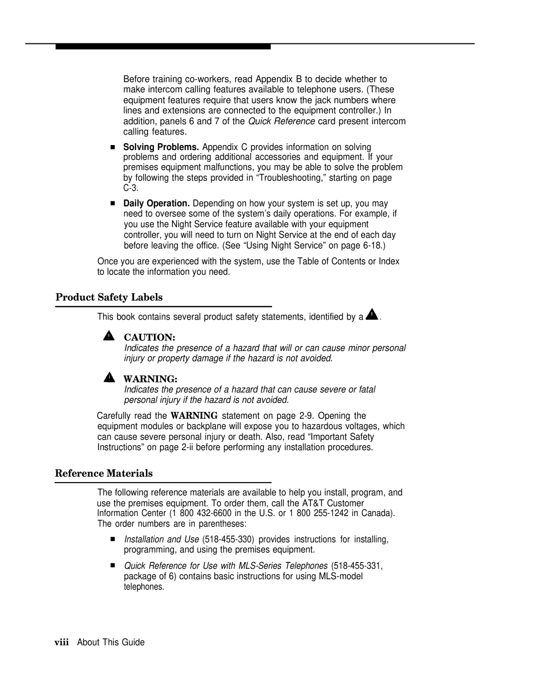 AT&T II manual Product Safety Labels, Reference Materials, Viii About This Guide 