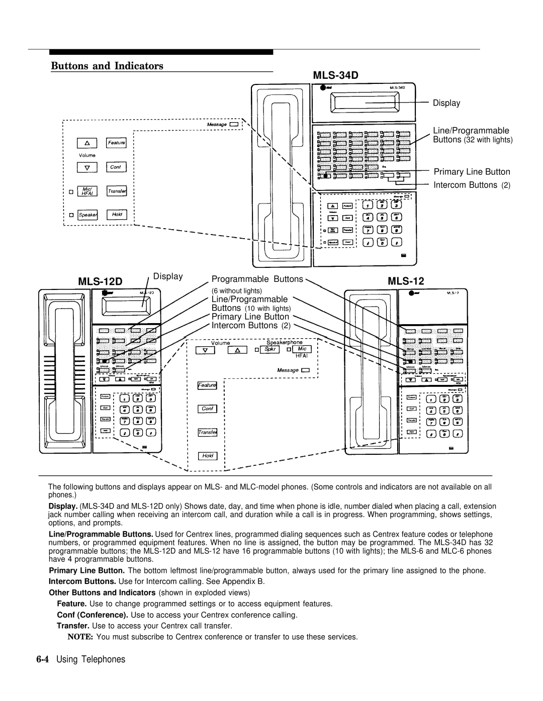 AT&T II manual Buttons and Indicators, 4Using Telephones 