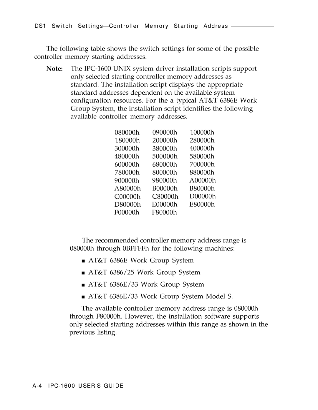 AT&T IPC-1600 manual DS1 Switch Settings-Controller Memory Starting Address 