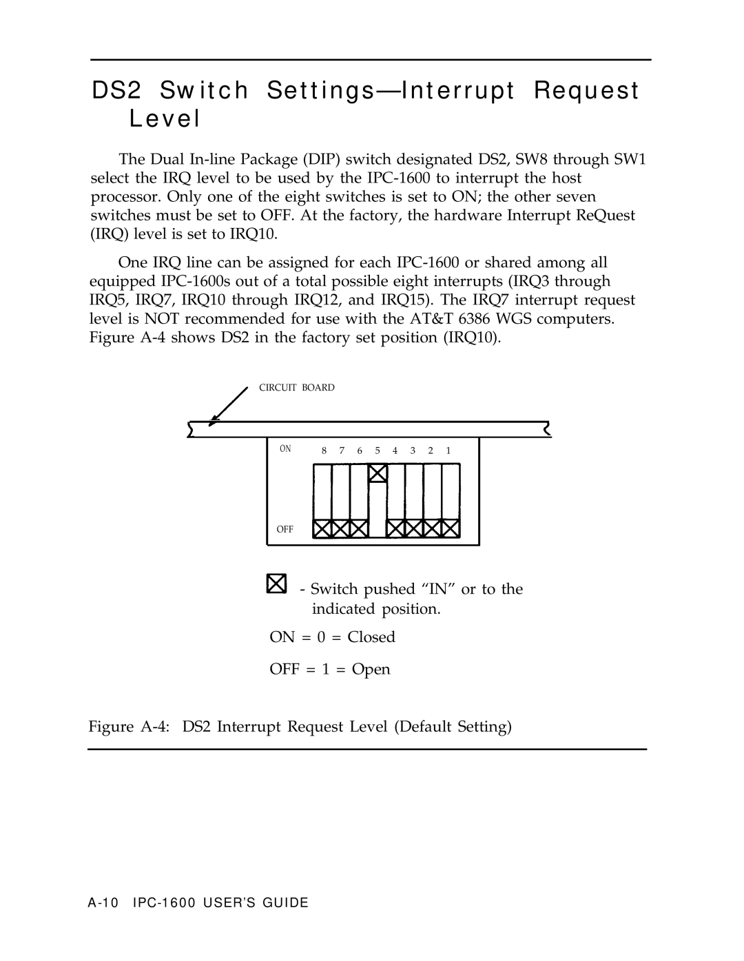 AT&T IPC-1600 manual DS2 Switch Settings-Interrupt Request Level, Figure A-4 DS2 Interrupt Request Level Default Setting 