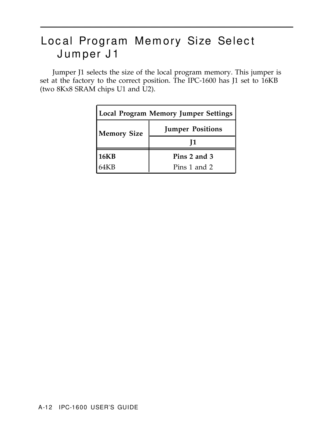 AT&T IPC-1600 manual Local Program Memory Size Select Jumper J1 