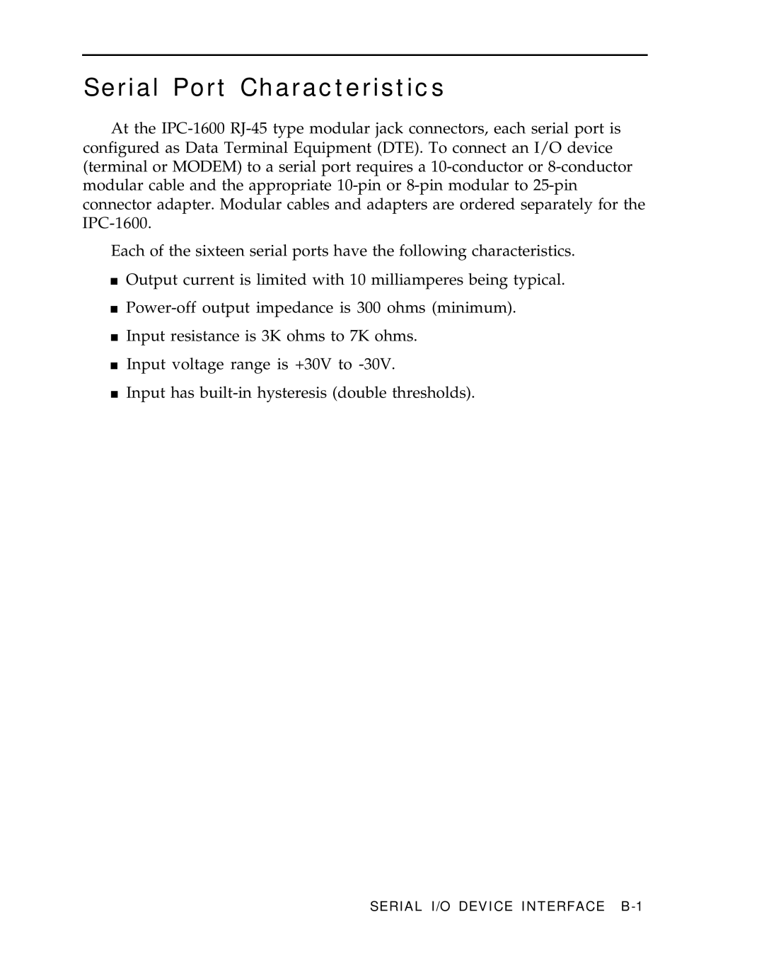 AT&T IPC-1600 manual Serial Port Characteristics 