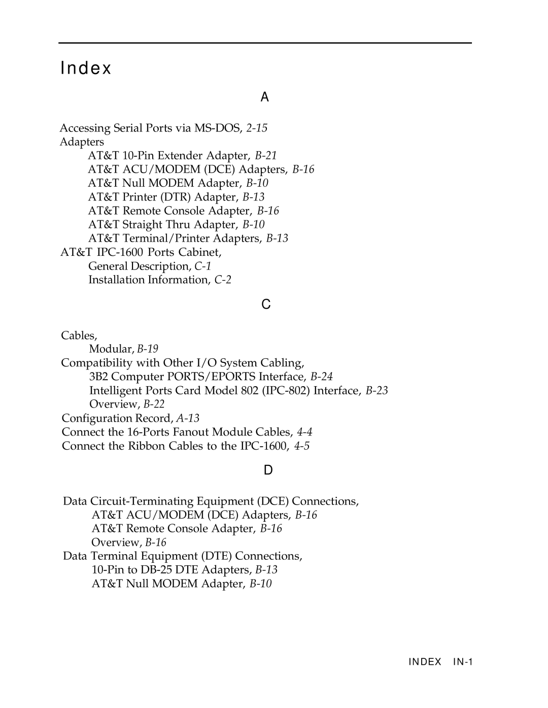 AT&T IPC-1600 manual Index 