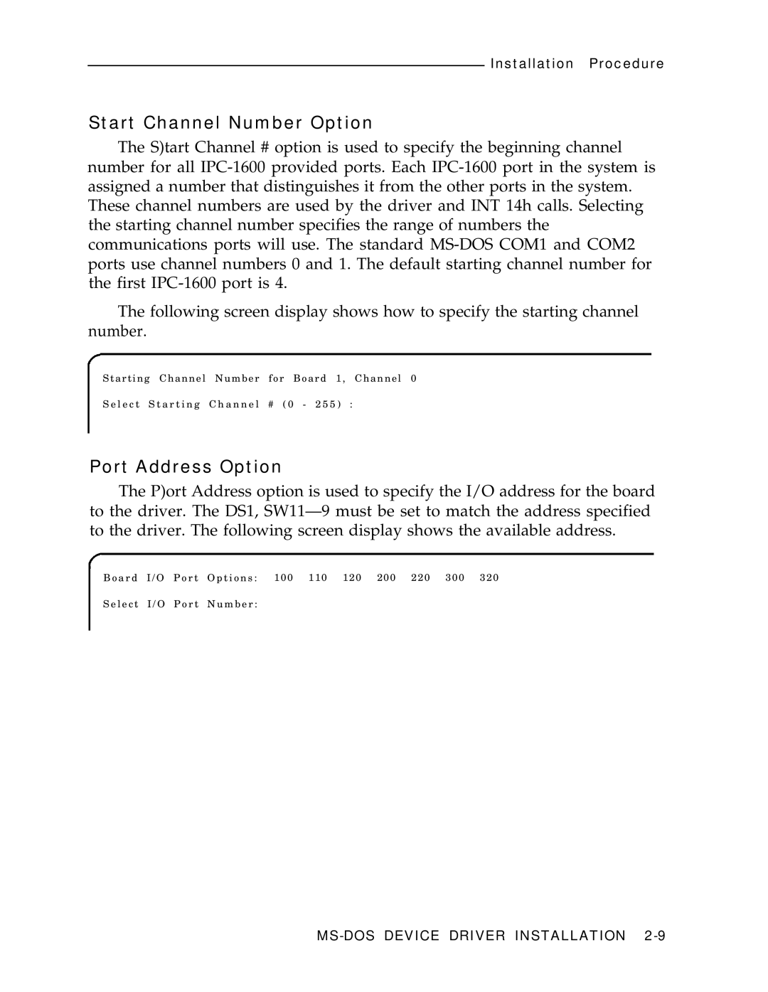 AT&T IPC-1600 manual Start Channel Number Option 